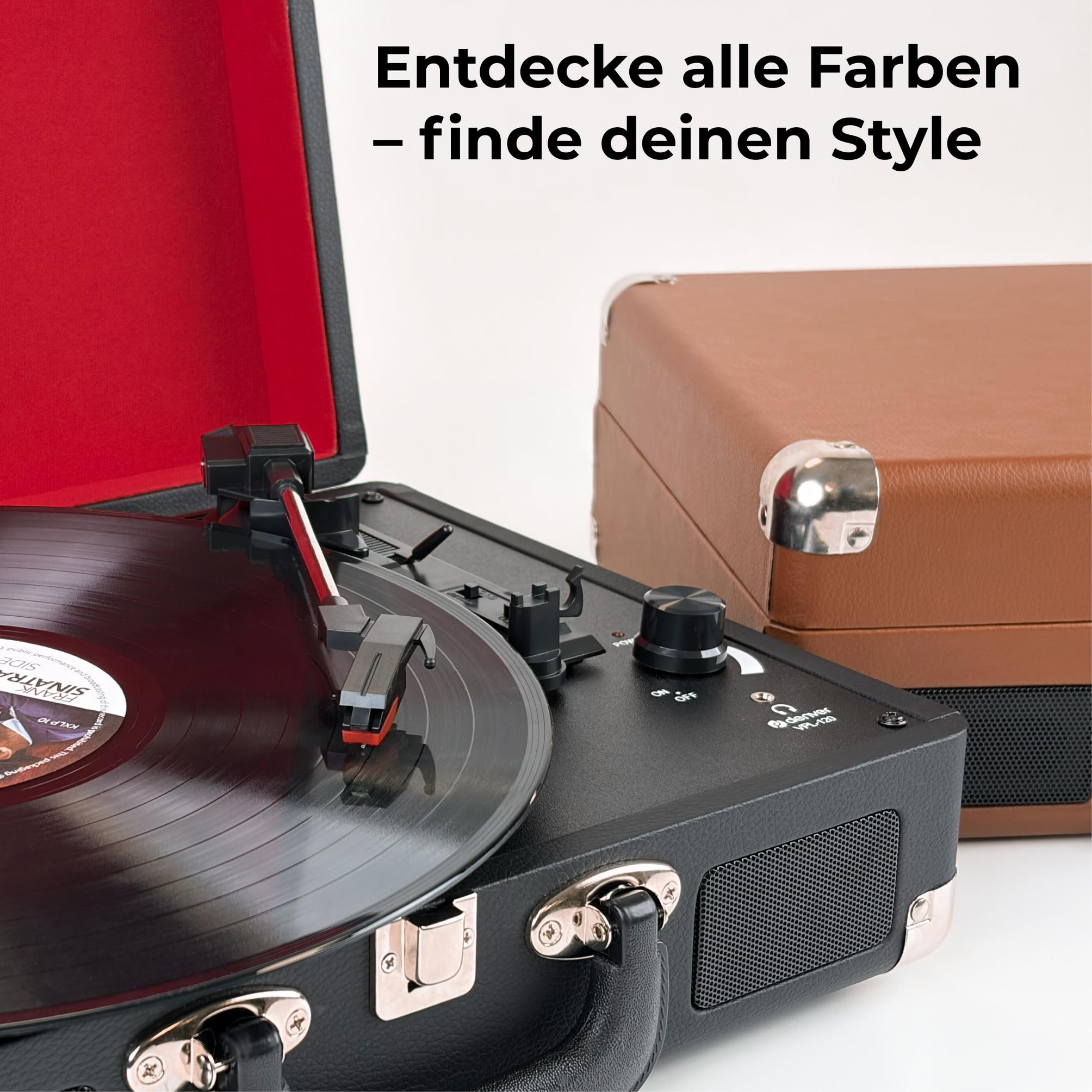 Denver VPL-120B Kofferplattenspieler Schwarz – Retro Plattenspieler mit Lautsprecher, USB Vinyl Player zum Digitalisieren, Auto-Stopp, Schallplattenspieler Vintage mit RCA-Ausgang
