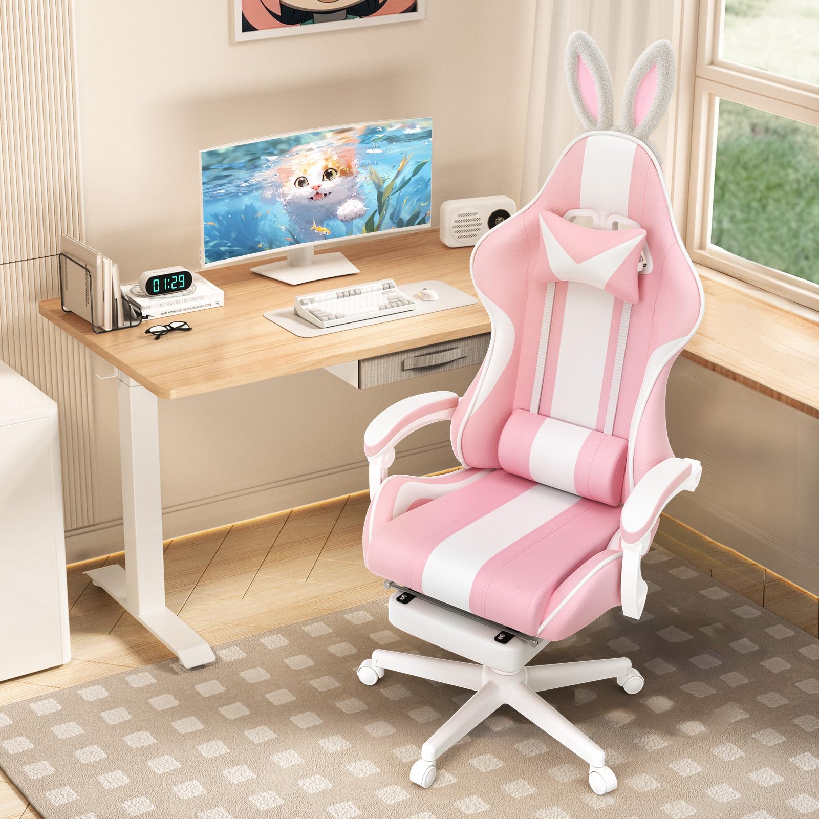 Chaise Gaming Ergonomique avec Repose-Pieds Rétractable, Gaming Chair avec Oreilles et Queue de Chat, Fauteuil Gamer en Tissu avec Massage Lombaire, Appui-Tête, Hauteur Réglable, Roulettes PU, Rose