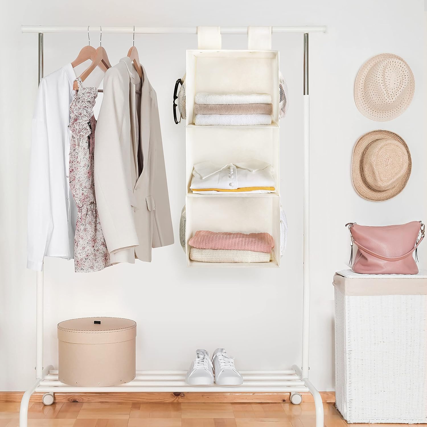 MAX Houser 3 Shelf Hanging Closet Organizer with 2 Velcro, Beige | Foldable Hanging Shelves for Closet Collapsible hanging closet shelf with side storage pockets, multi-use for camper