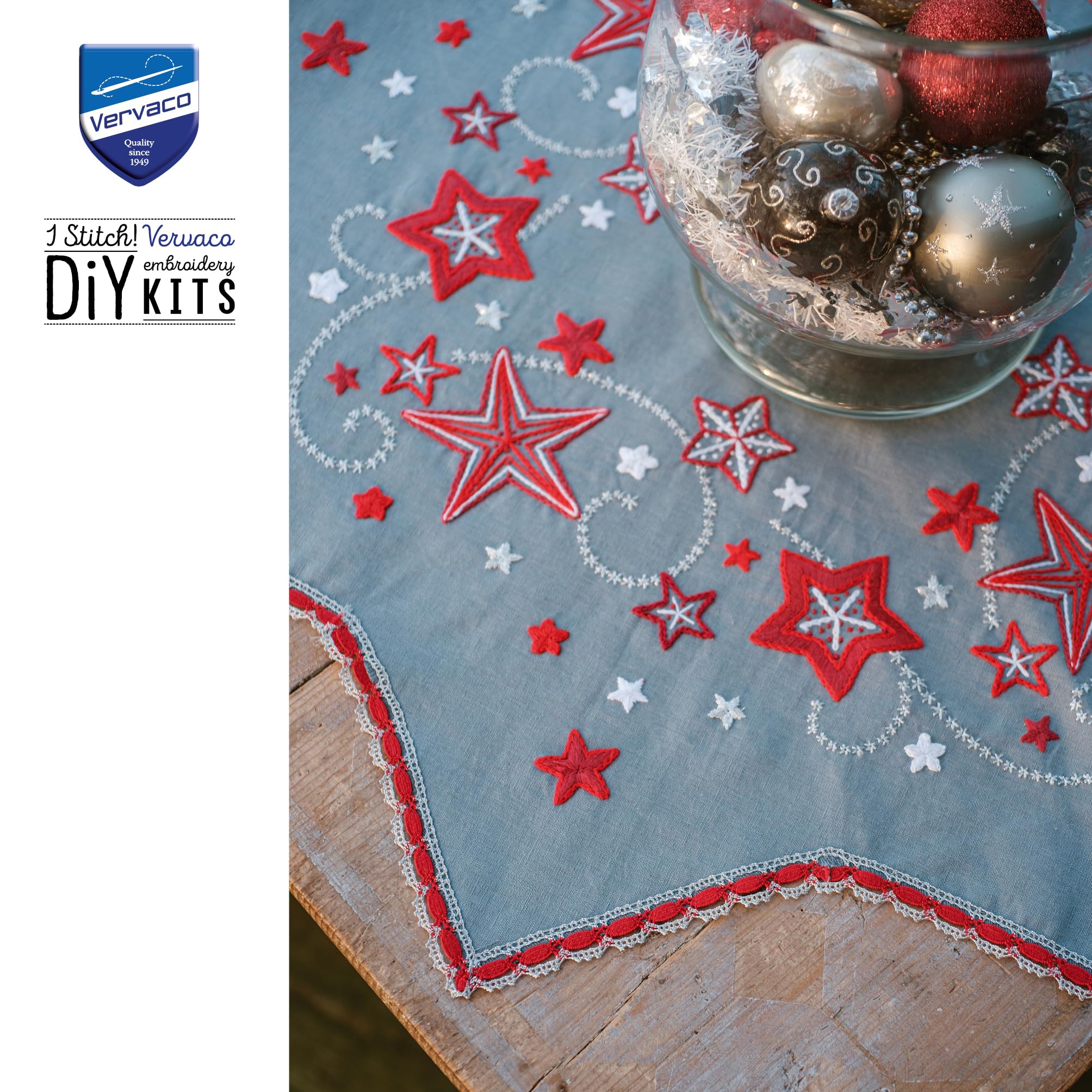 VERVACO Zestaw do Haftu Obrusu z Nadrukiem Zestaw do Haftu Obrusu Haft Płaski TAŃCZĄCE GWIAZDY Zestaw Kreatywny dla Dorosłych 75 x 75 cm DIY Dekoracja Świąteczna ze Zmywalnym Wzorem Cross Stitch Kit