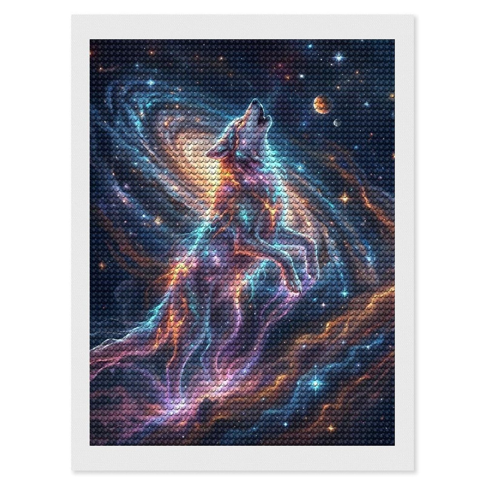 Junmoney Cosmic Wolf Howling at The Moon Diamond Painting Set 12"x16", for Beginners, Modern Decor, Simple to Start, Gift Idea, Pleasing Wall Art Project