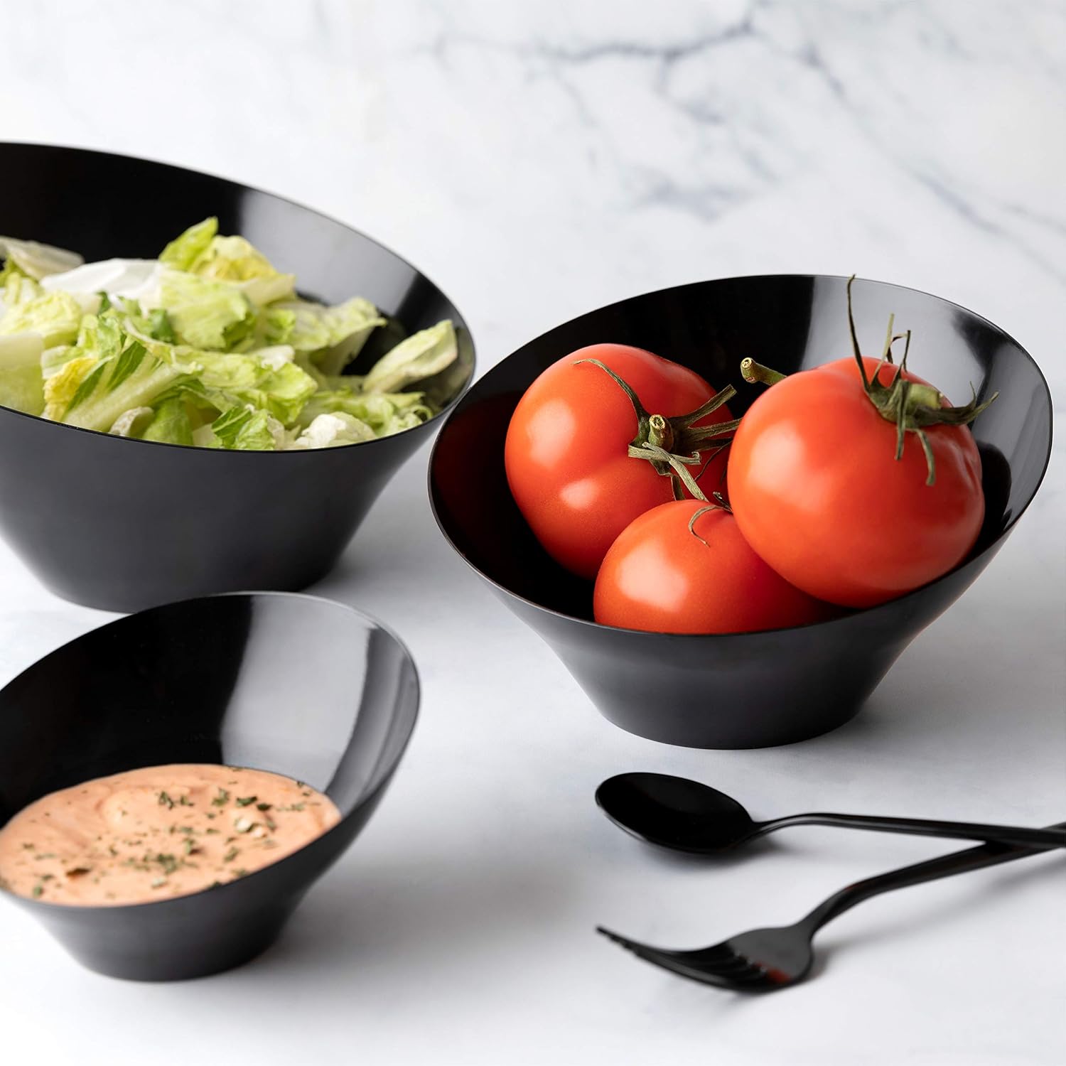 Plasticpro Disposable Angled Plastic Bowls Round Serving Bowls, Party Snack or Salad Bowl, Heavy Duty, Elegant Black, Pack of 4…