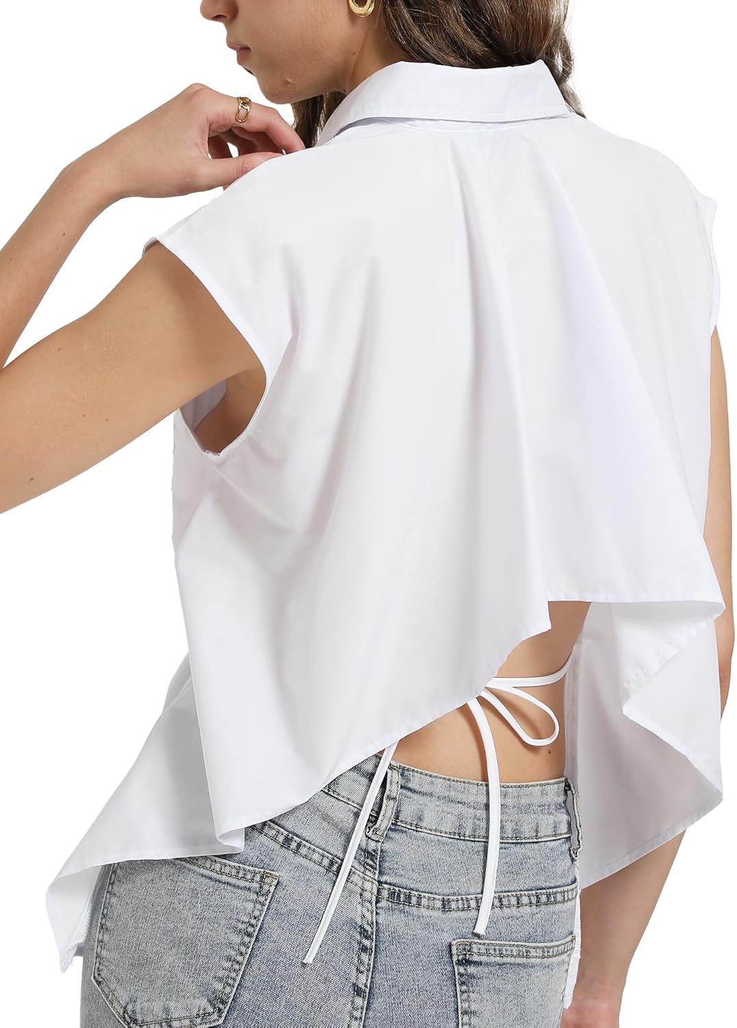 SUNNOW Women's Sleeveless Open Tie Back Shirt Collared Vest Tailored Tank Tops Button Down Blouse