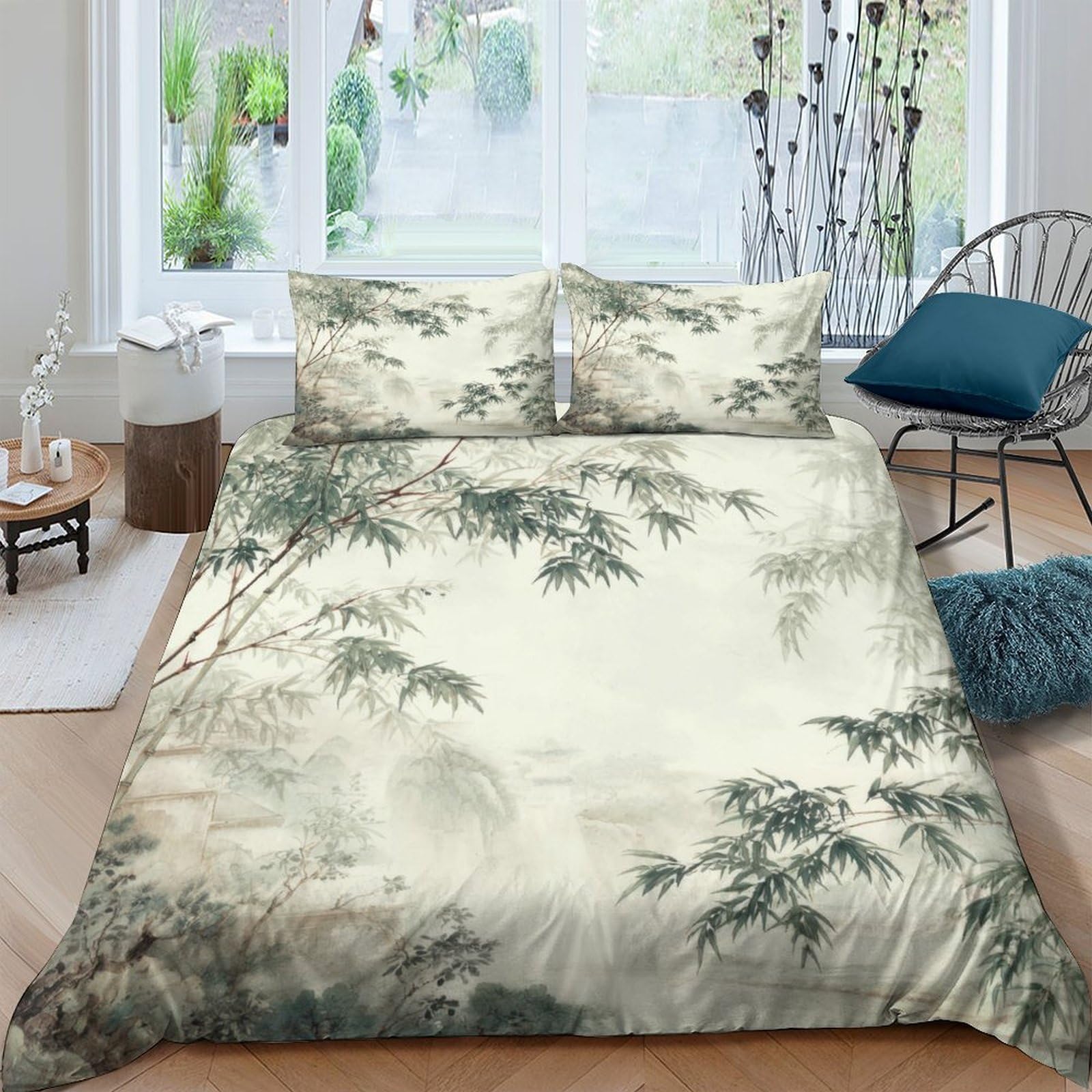 Ctjqhvkz Style-1 3D Printed Bamboo Ink Fitted Sheet Microfiber Soft Breathable Misty Forest Mattress Cover For Bedroom Decor Single（135X200cm）