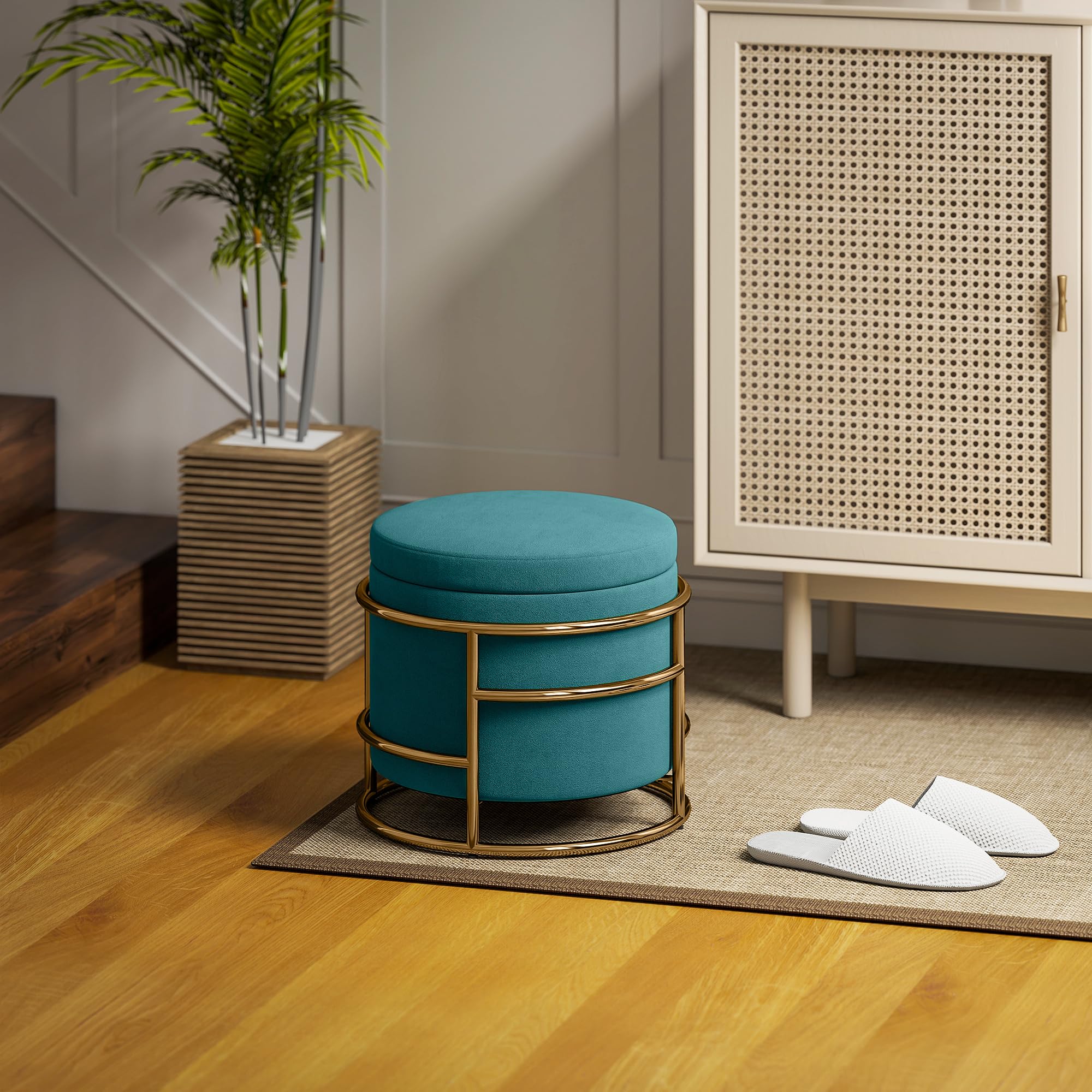 HOMCOM Pouf Contenitore Rotondo in Velluto, Poggiapiedi con Vano da 24L e Coperchio Rimovibile, per Camera da Letto e Salotto, Ø42x39 cm, Verde