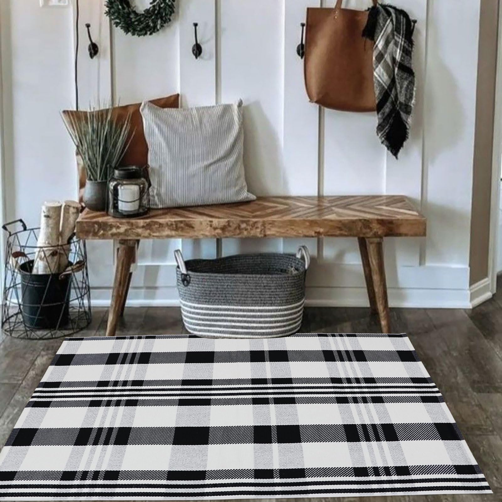 Alfombra de Navidad a cuadros para exteriores, 27.5 x 43 pulgadas, alfombra de área para interiores y exteriores, alfombra de capas para felpudo de saludo/bienvenida, lavable a máquina, alfombra