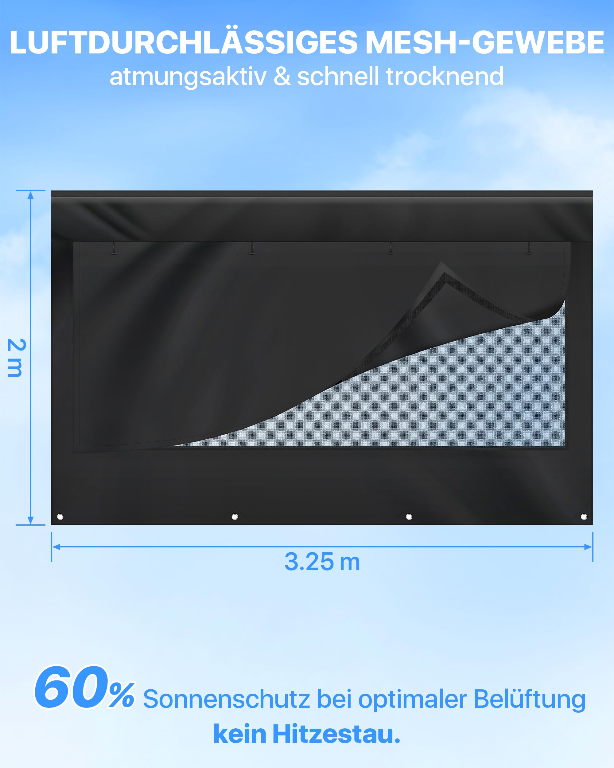 Signstek Sonnenschutz Vorderwand für Wohnmobil Markise 3,25x2m | UPF 50+ | Wasserdichtes Sonnensegel mit Keder (Ø 6,2/7 mm) | Für Wohnwagen | Schutz vor UV & Regen