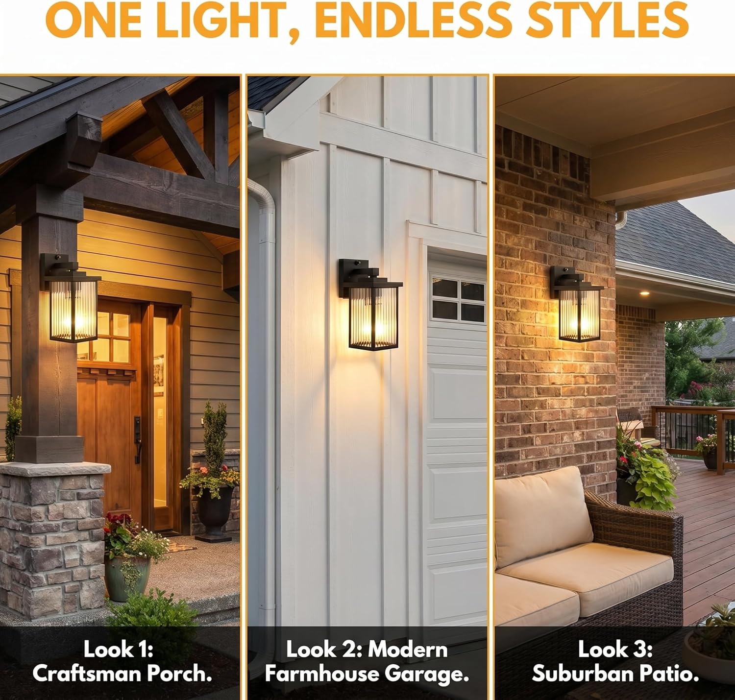 2 Pack Dusk to Dawn Outdoor Lighting, Modern Wall Sconce with Textured Glass, Waterproof IP65 Exterior Light Fixture, Soft Glow Warm Ambiance for Front Door Porch Garage, 10.6 Inch Height, Black