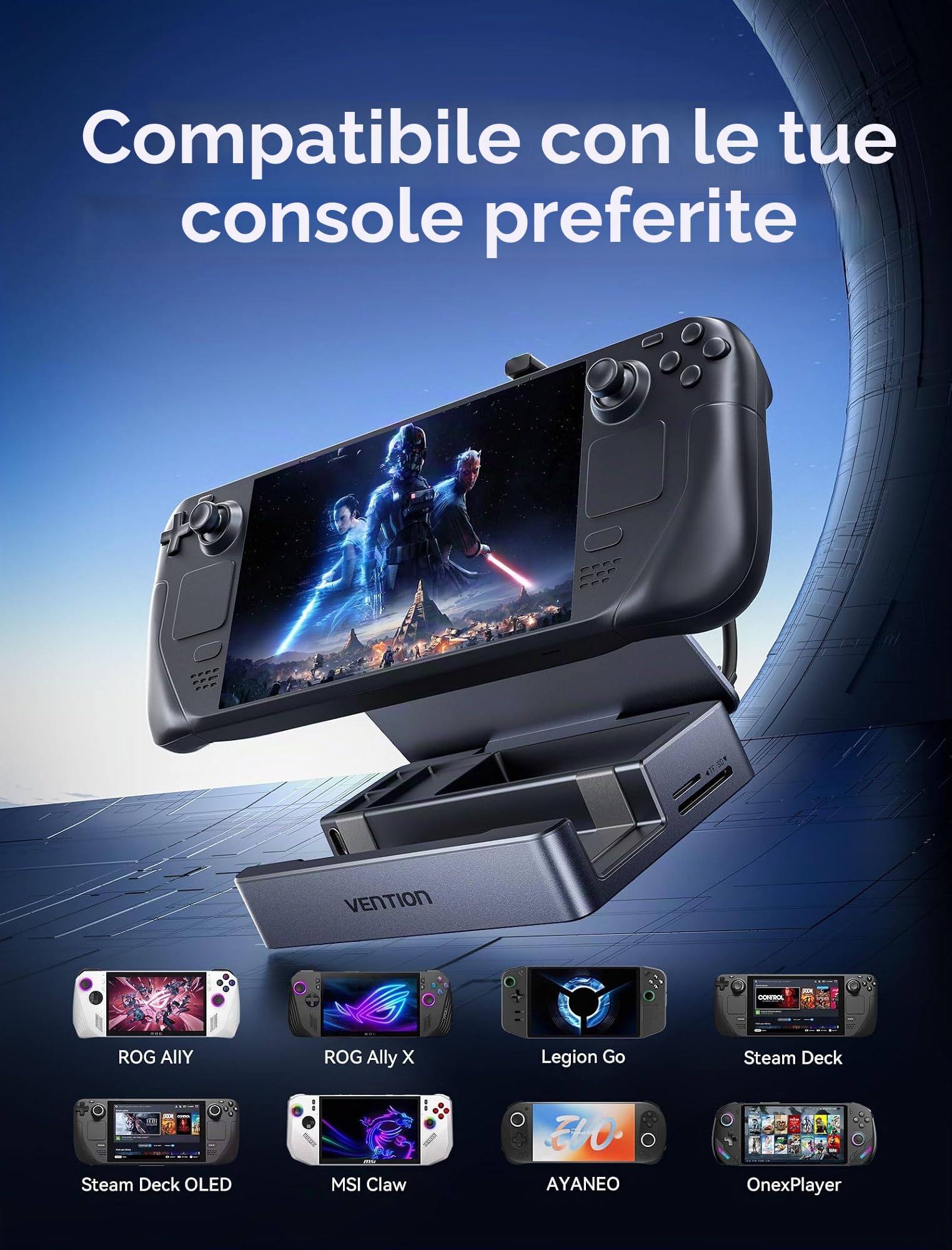VENTION 9-IN-1 Steam Deck Dock, Docking Station per Switch con HDMI 4K@60Hz, USB-C/A 10Gbps, SD/TF, Ethernet 1000Mbps, PD 100W, Compatibile con Steam Deck, ROG Ally X, Switch, Legion Go, iPad