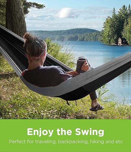 Miniatura 3 de Puroma Hamaca de camping con red doble e individual con correas de árbol hamaca portátil ultraligera de nailon para mochileros viajes playa Negro y