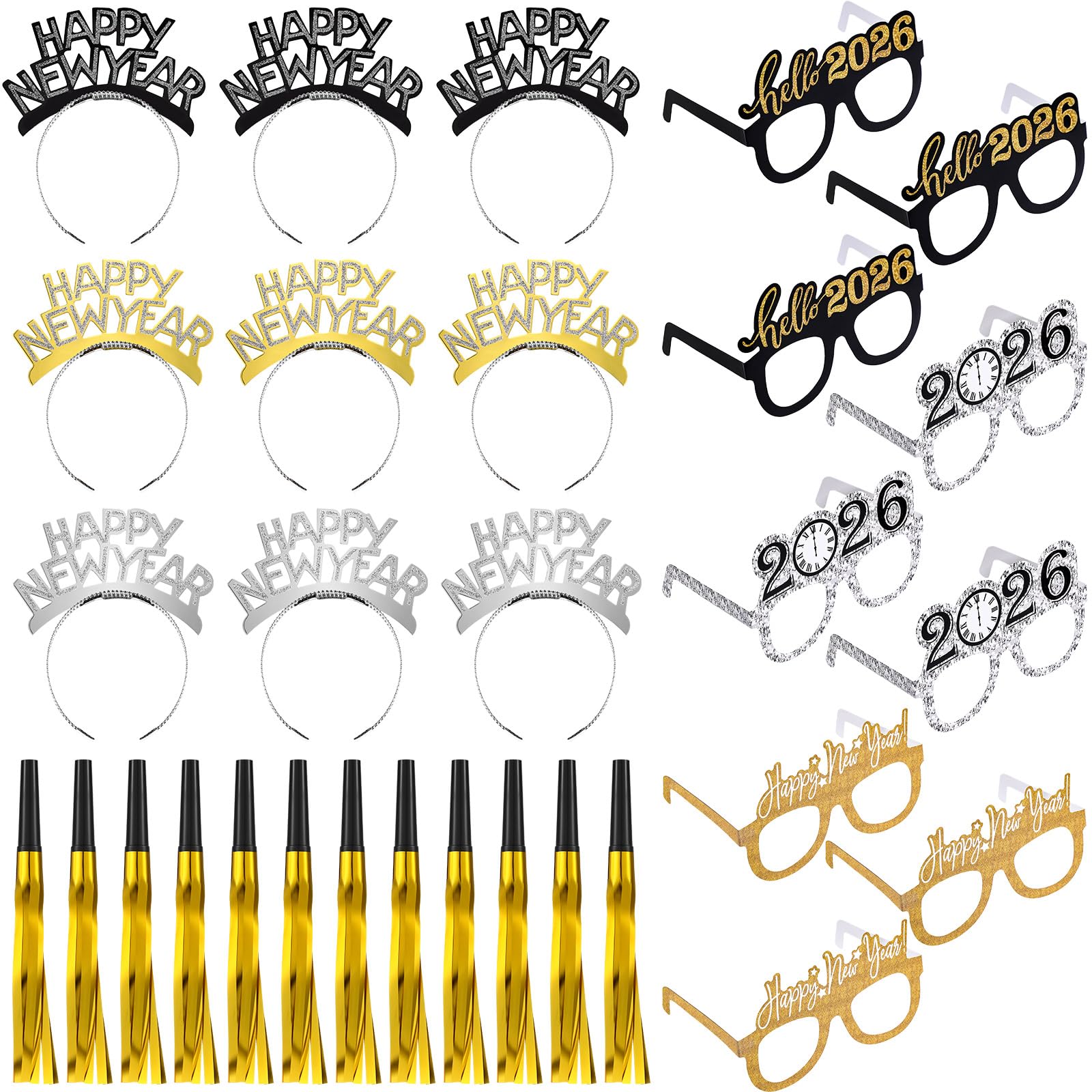 Zhanmai 30 Pcs 2026 New Year Party Supplies Includes 9 Happy New Year Headband 9 Eyeglasses 12 Golden Glitter Metallic Fringed Noise Makers Photo