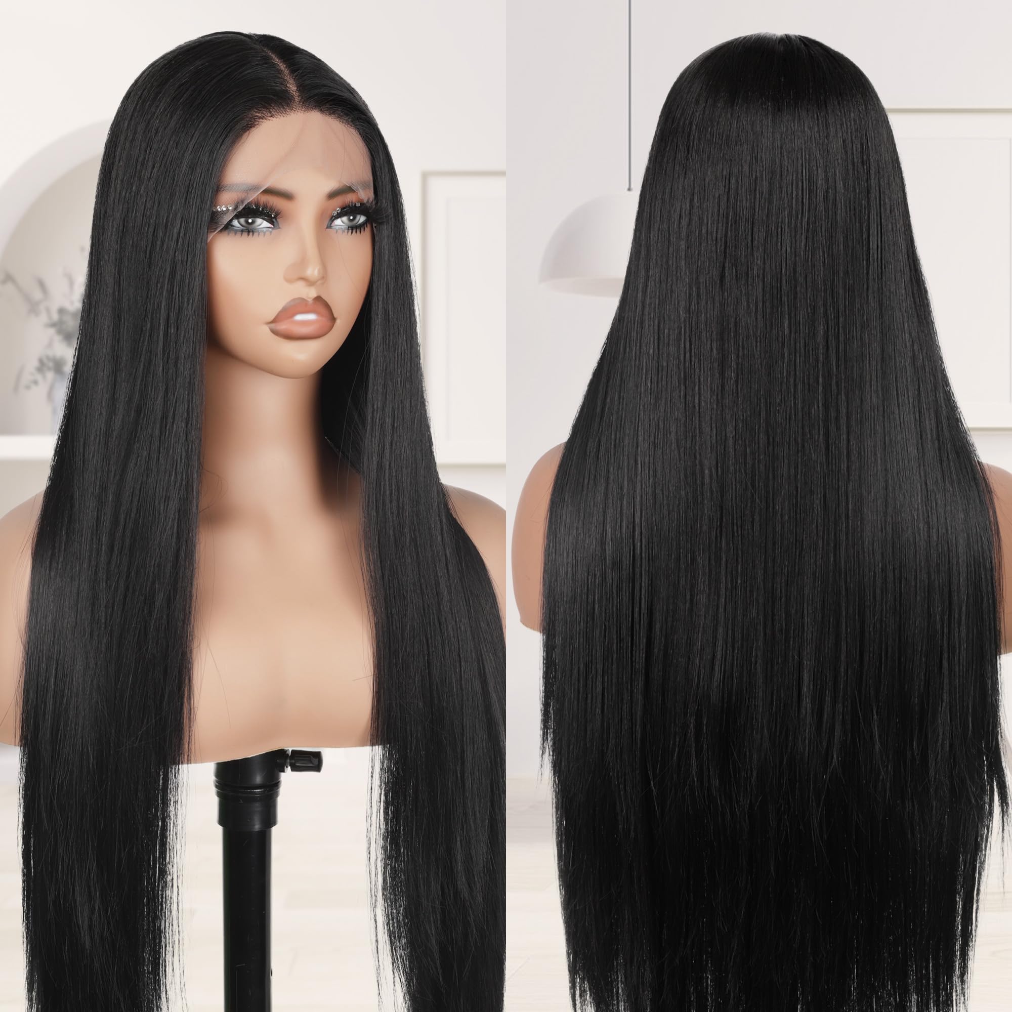 Long Straight Wig Nature Black Synthetic Lace Front Wig Pre-Plucked T-Part Wigs For Women 30 Inch Glueless Wigs (#2 Natural Black, 30 Inch)