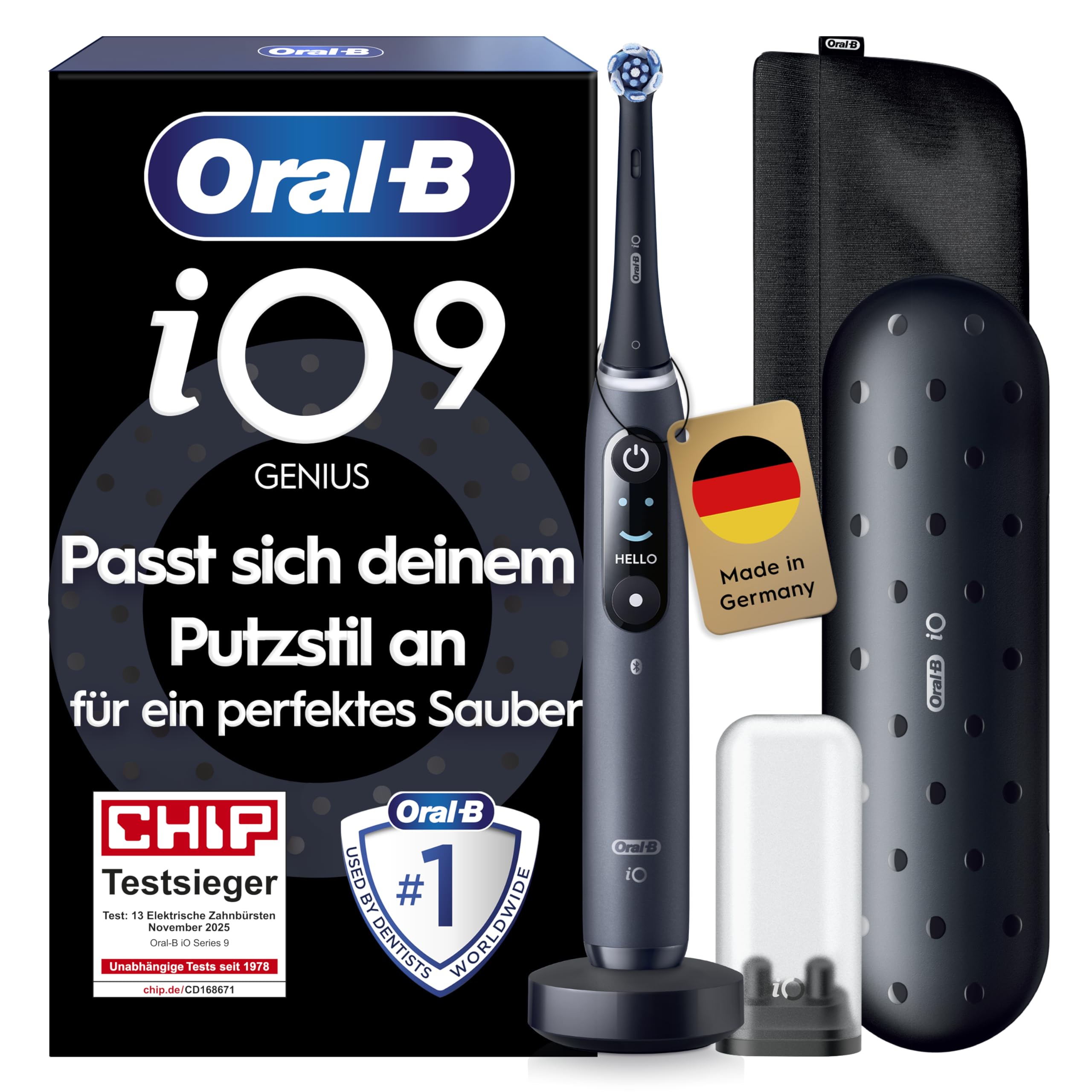 Oral-B iO Series 9 Elektrische Zahnbürste — Electric Toothbrush, Inkl. 1 Aufsteckbürste — 7 Modi für Zahnpflege, CHIP Testsieger (11/25), Designed by Braun, Schwarz