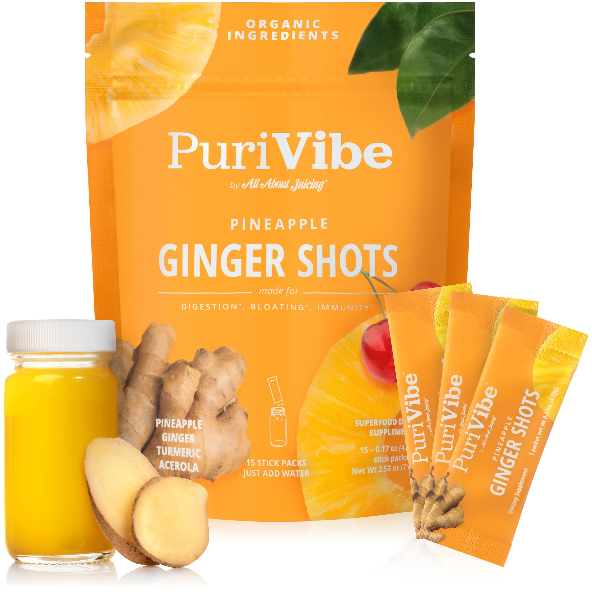 All About Juicing Ginger Shots with Pineapple & Turmeric - Superfood Juice Powder - Immunity, Digestion & Energy Support - 15 Wellness Stick Packs - PuriVibe