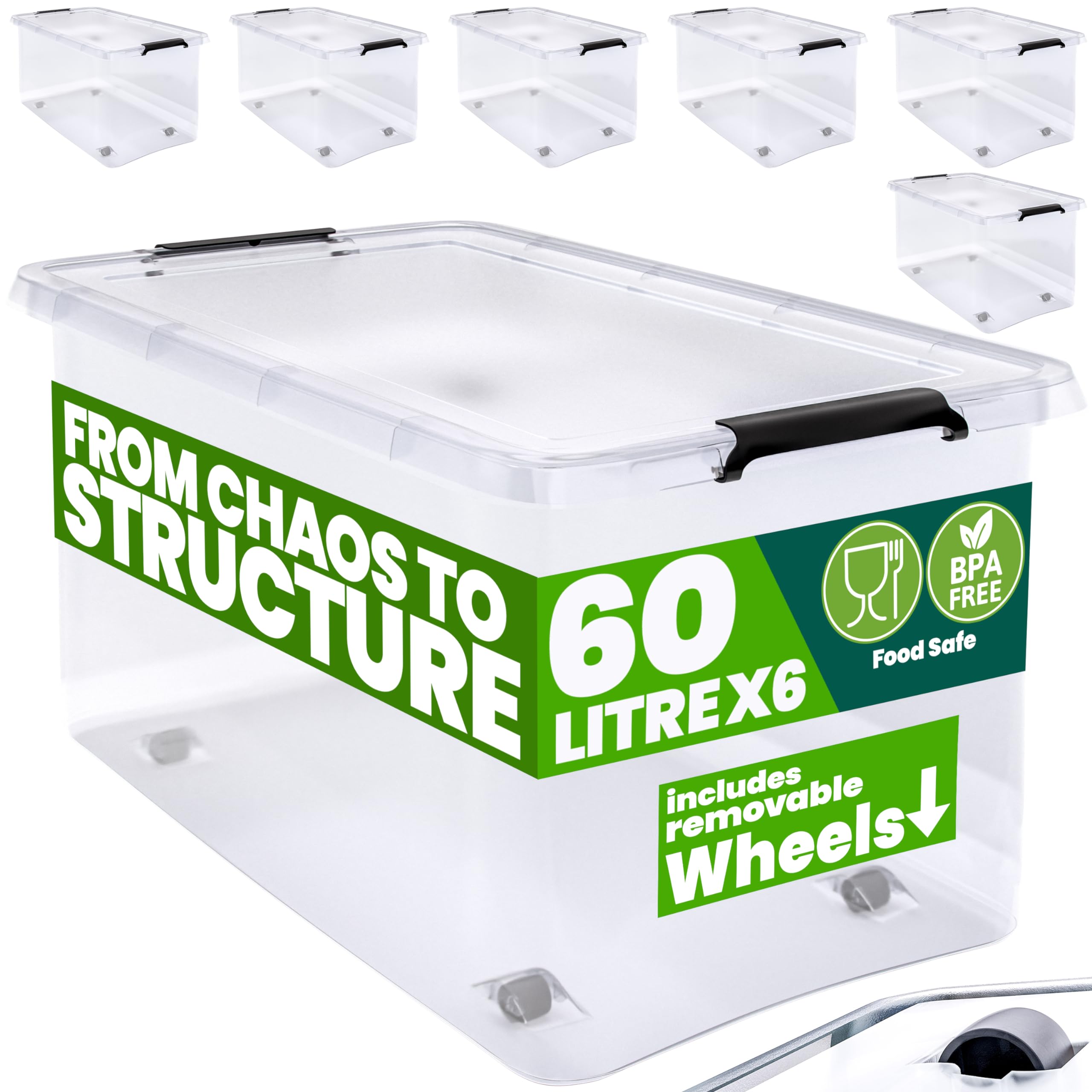 Deuba® 6x 60 Litre Storage Boxes with Lids and Handles | Smooth Running Wheels | Click Lock | Home and Kitchen, Office | Christmas Decorations, Shoe Storage, Dog Food Storage | Tool Box, Moving Boxes