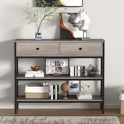 Cozy Castle Mesa consola de 3 niveles con cajones mesa de entrada para sofá industrial estrecha larga con estantes de almacenamiento mesa de pasillo