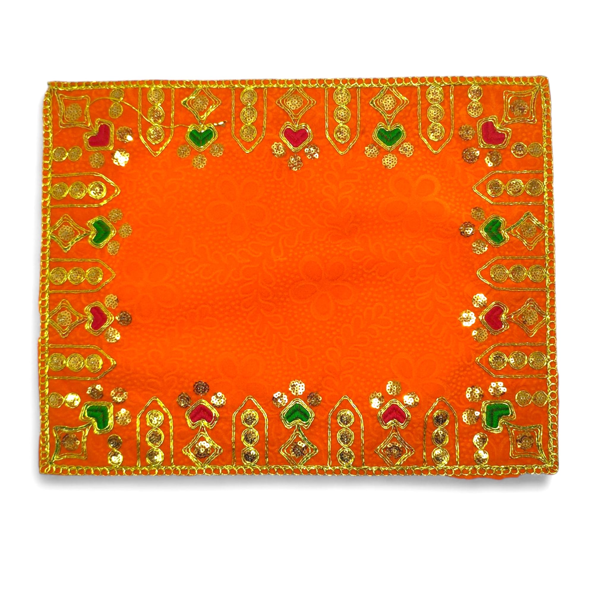 Achleshwar Designer Velvet Embroidered Pooja Aasan Cloth 20X40 inch Orange | Chowki Aasan for God Idol | Mandir Table Altar Cover for Temple, Puja Shelf, Diwali Decoration Pack 0f 1