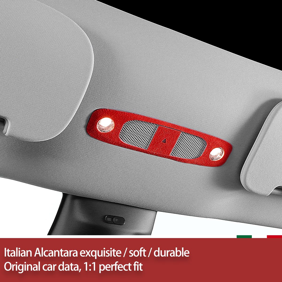Red Italian Suede Interior Trim Front Dome Light Frame Sticker Cover Decoration Styling Moulding Accessories for Alcantara Tesla Model Y 2020-2024 Model 3 2017-2023