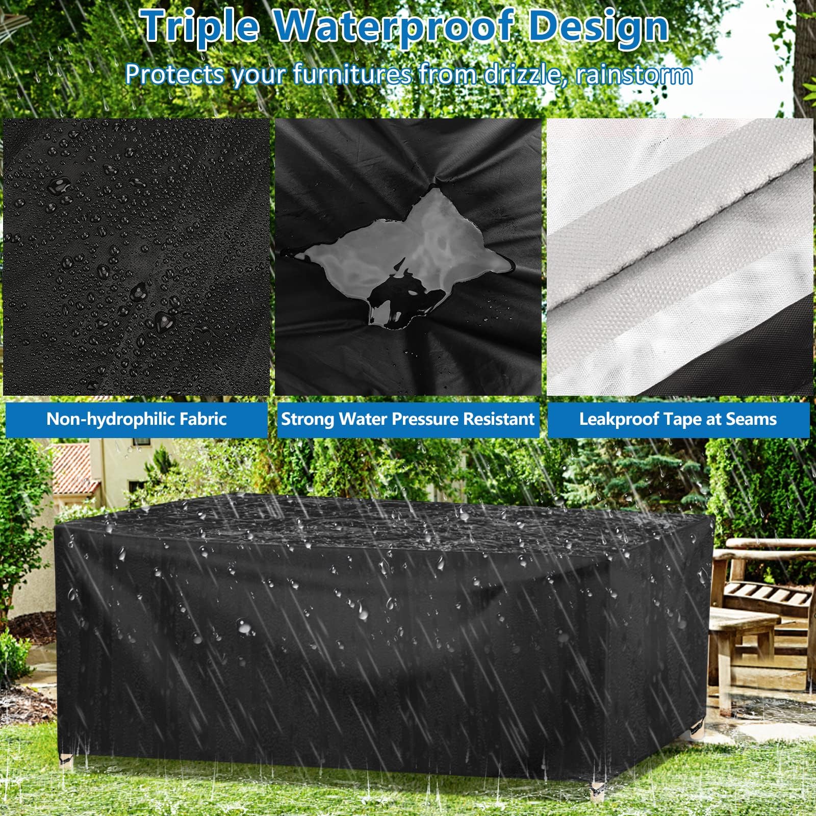 Funda para Mesa Jardín Exterior Impermeable, 420D Oxford Funda Protectora Muebles Jardín Terraza Resistente al Viento Nieve Sol, Cubierta Mesa Jardín Exterior Anti-UV 200x200x85cm