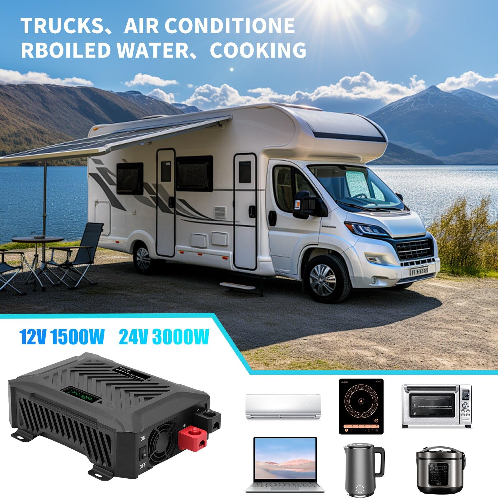 DATOUBOSS Inverter Onda Sinusoidale Pura 12V/24V a 220V Convertitore Universale Onda Pura 3000W con sistema di rilevamento intelligente, con LCD Display, interfaccia USB, Type-C e 2 presa UE