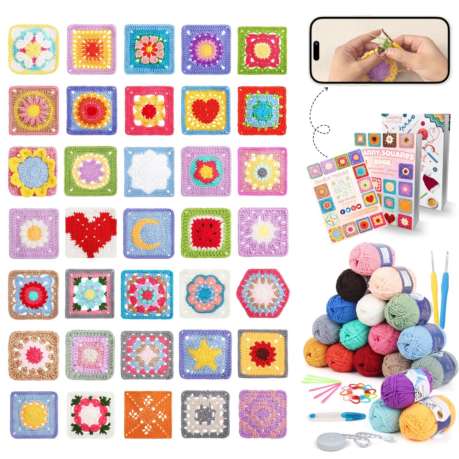 Coopay Quadratisches Häkelset für Anfänger, Häkel-Starter-Set, komplettes Häkelset mit Garn in 18 Farben und 3 quadratischen Häkelbüchern, Häkelstichkartendeck – 50 verschiedene Designs