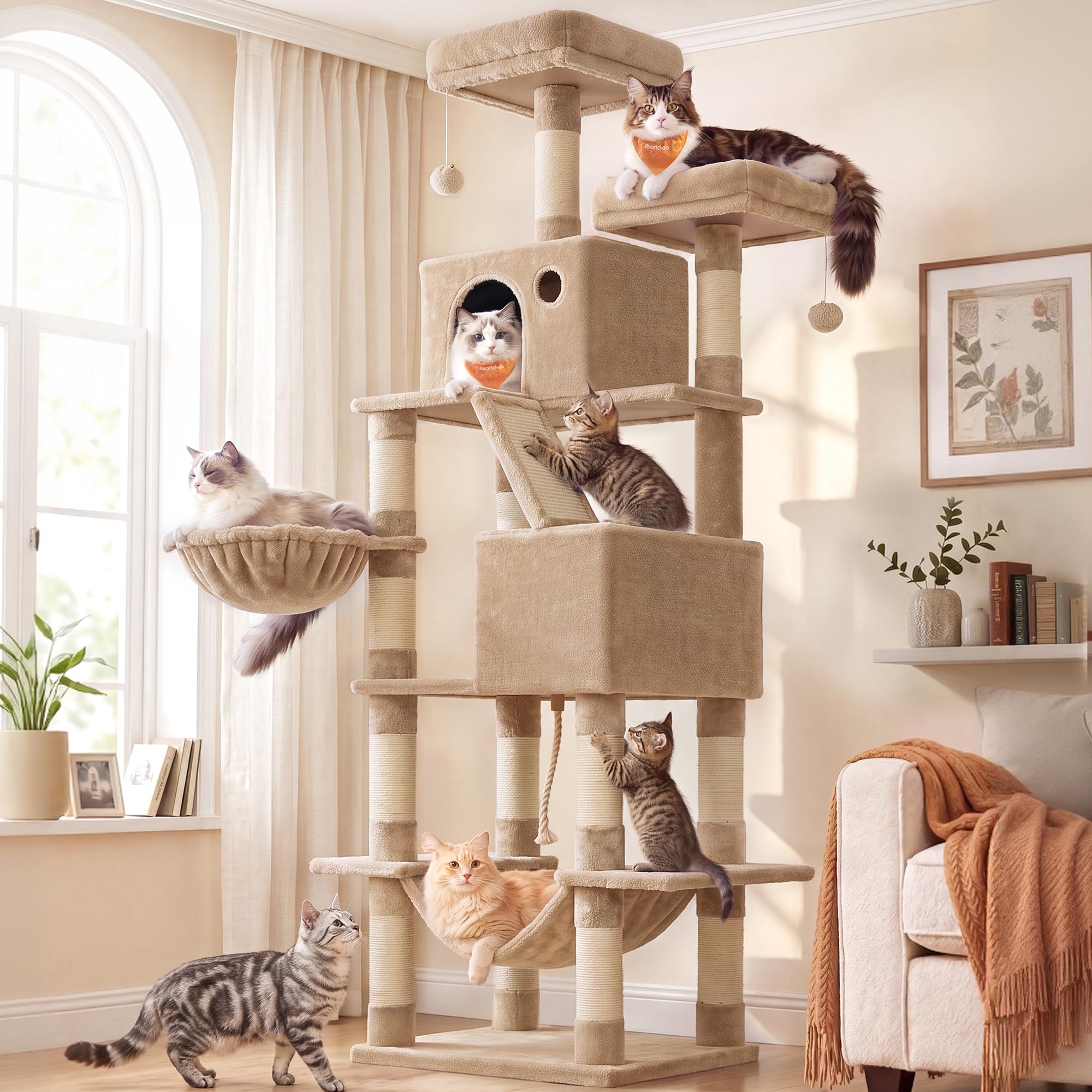Feandrea Cat Tree, 206 cm Large Cat Tower Condo with 13 Scratching Posts, 1 Scratching Ramp, 2 Perches, 2 Caves, Basket, Hammock, Pompoms, Camel Brown PCT190K01V1