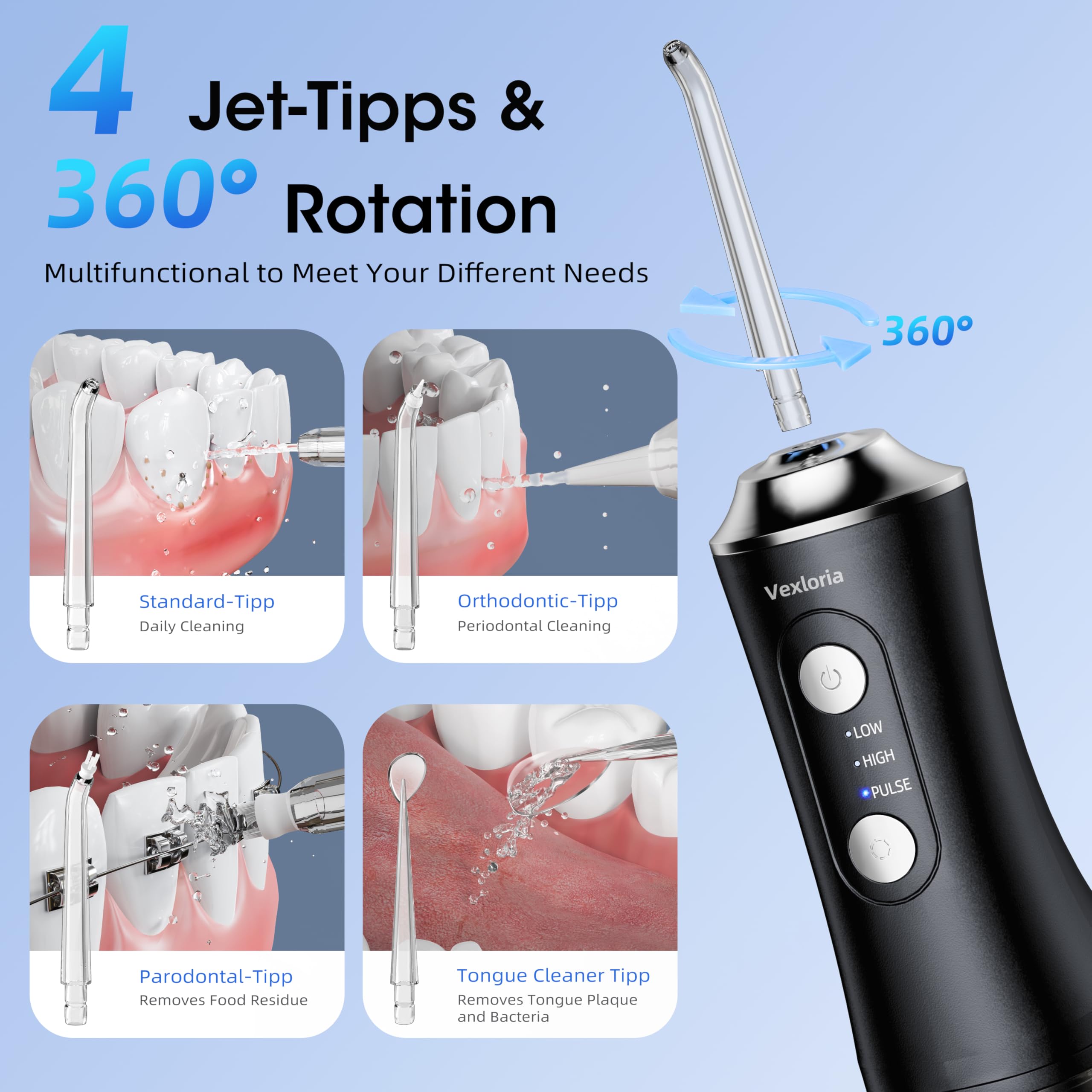 Vexloria Jet Dentaire Hydropulseur Portable 300 ML Water Flosser, Hydropulseur Dentaire Avec 3 Modes de Pression d'eau et 4 Embouts Remplaçables, Irrigateur Dentaire USB Rechargeable, noir clair