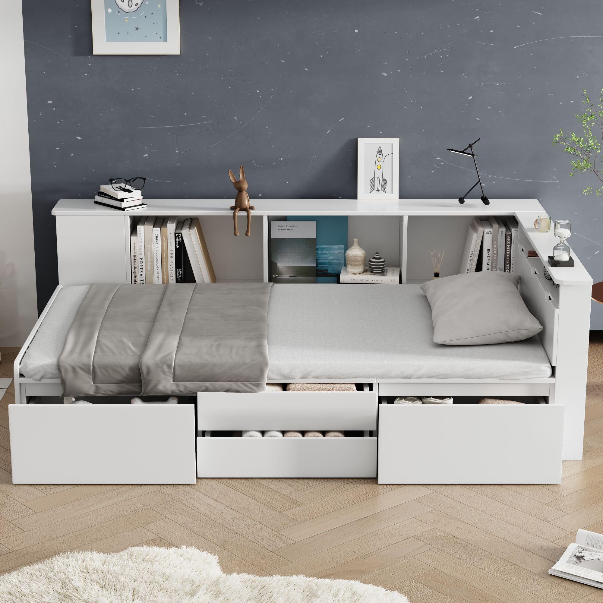 Rtopsu Letto Singolo 90x200 cm con Contenitore Cassetti e Libreria, Letto Multifunzionale per Bambini con Vano Portaoggetti e Rete a Doghe in Legno, Rete con 3 Contenitore, Bianco, Senza Materasso