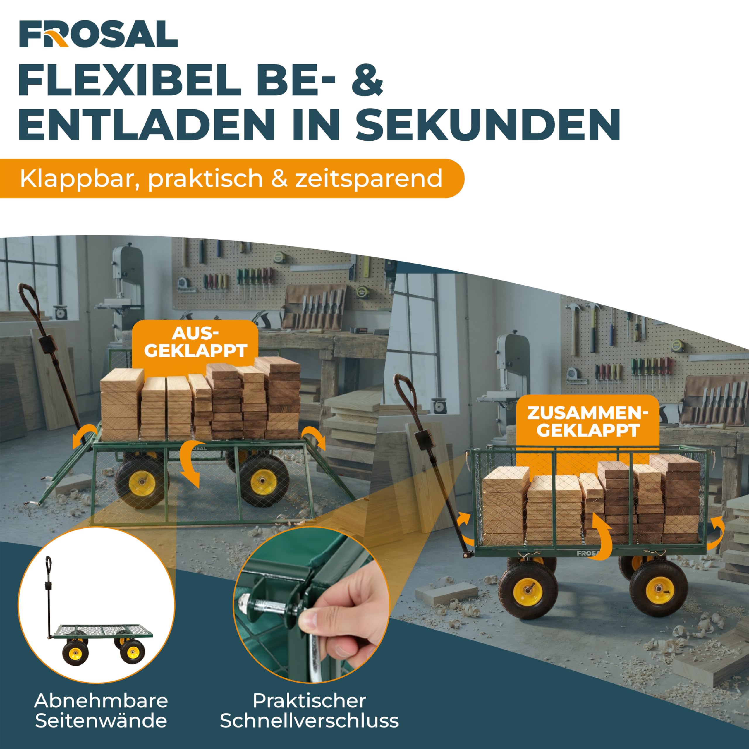 FROSAL Gartenwagen Sam – abnehmbare und klappbare Seitenwände – 350kg Traglast mit Luftreifen – Transportwagen mit Gitter & Plane – Handwagen für Garten, Baustelle & Hof – 200L Volumen – grün