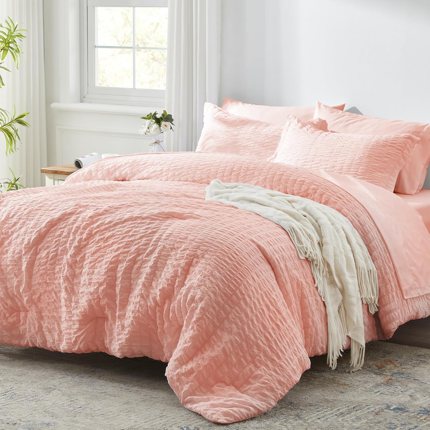 Zzlpp Full Comforter Set 7 Pieces, Pink Seersucker Bed in a Bag with Comforter and Sheets, All Season Bedding Sets with 1 Comforter, 2 Pillow Shams, 2 Pillowcases, 1 Flat Sheet, 1 Fitted Sheet