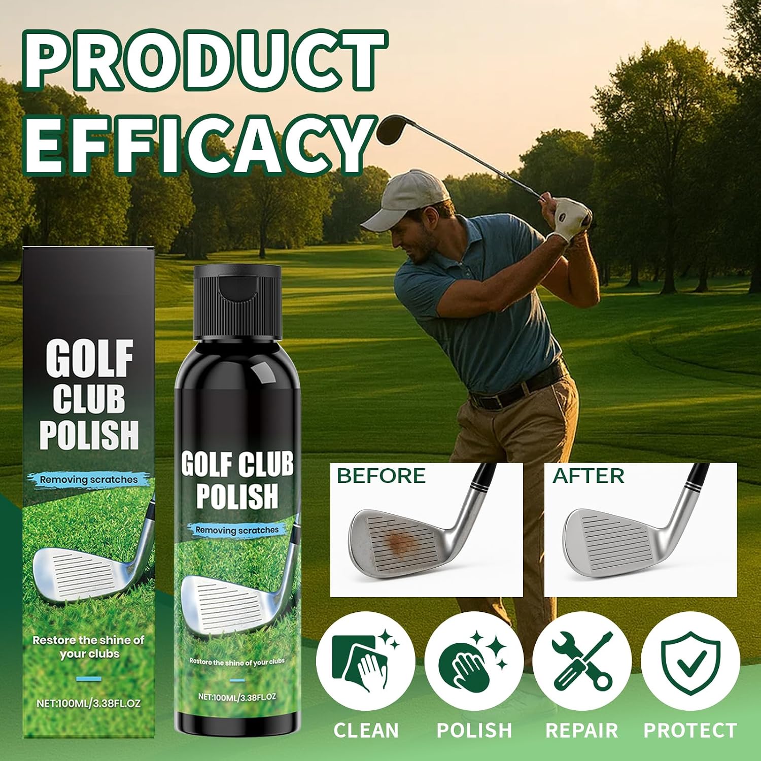 Golf Club Polish Cleaner, Rust and Scratch Remover for Metal Golf Club Care, Golf Groove Cleaner, Easy Golf Club Cleaning, Polishing and Repair, Golf Accessories - 4oz