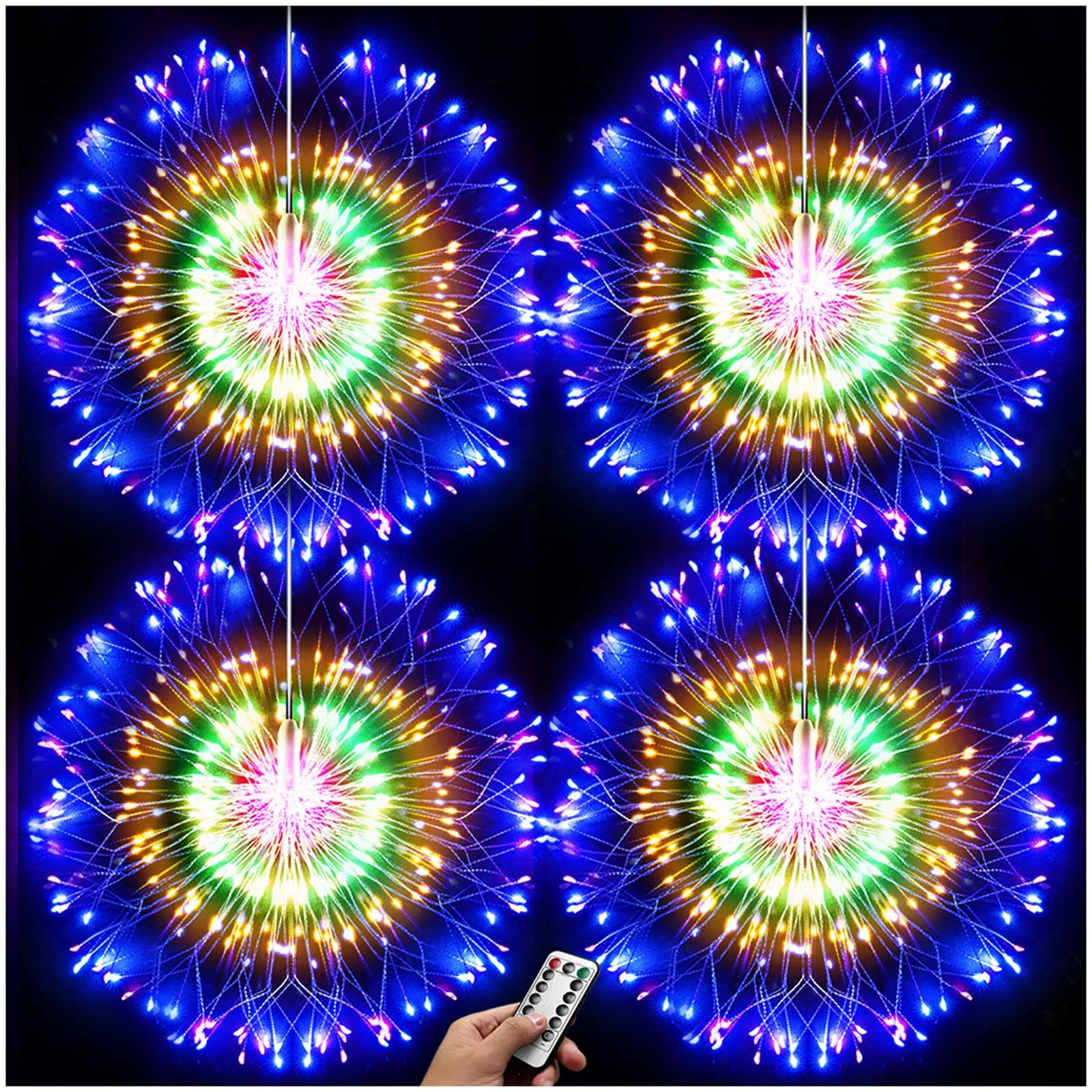 DenicMic 4 Pack Firework Lights Led Copper Wire 8 Modes Battery Operated Hanging Ceiling Starburst Fairy Remote Star Sphere Lights Indoor for Bedroom Party Wedding Christmas Decor (Multi-Colored)