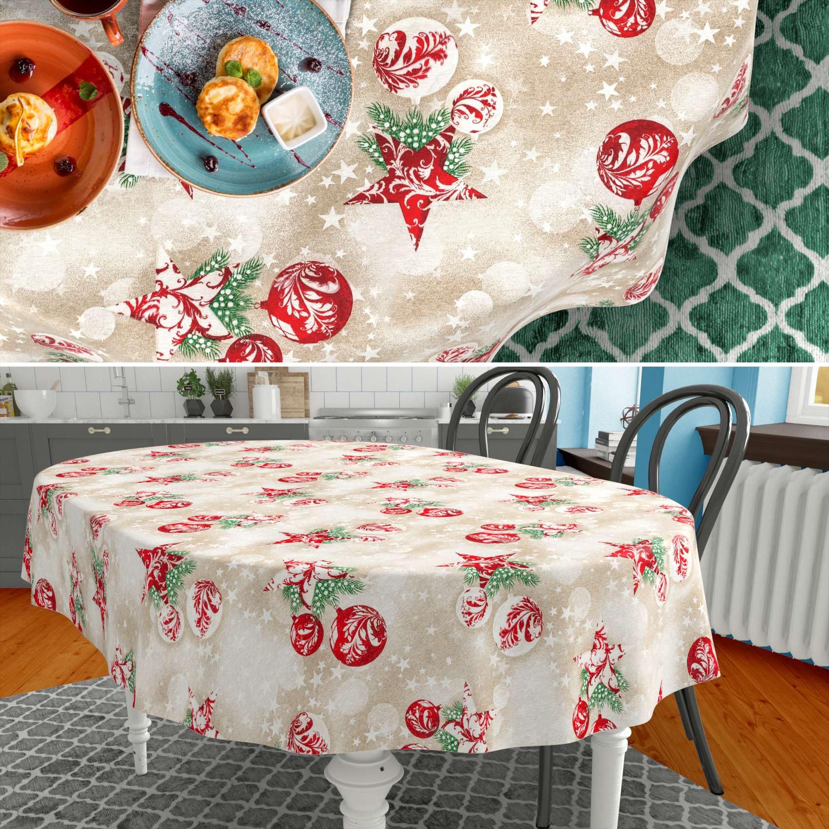 ANRO Nappe enduite Motif de Noël Rouge Ovale 280x140 cm intérieur/extérieur