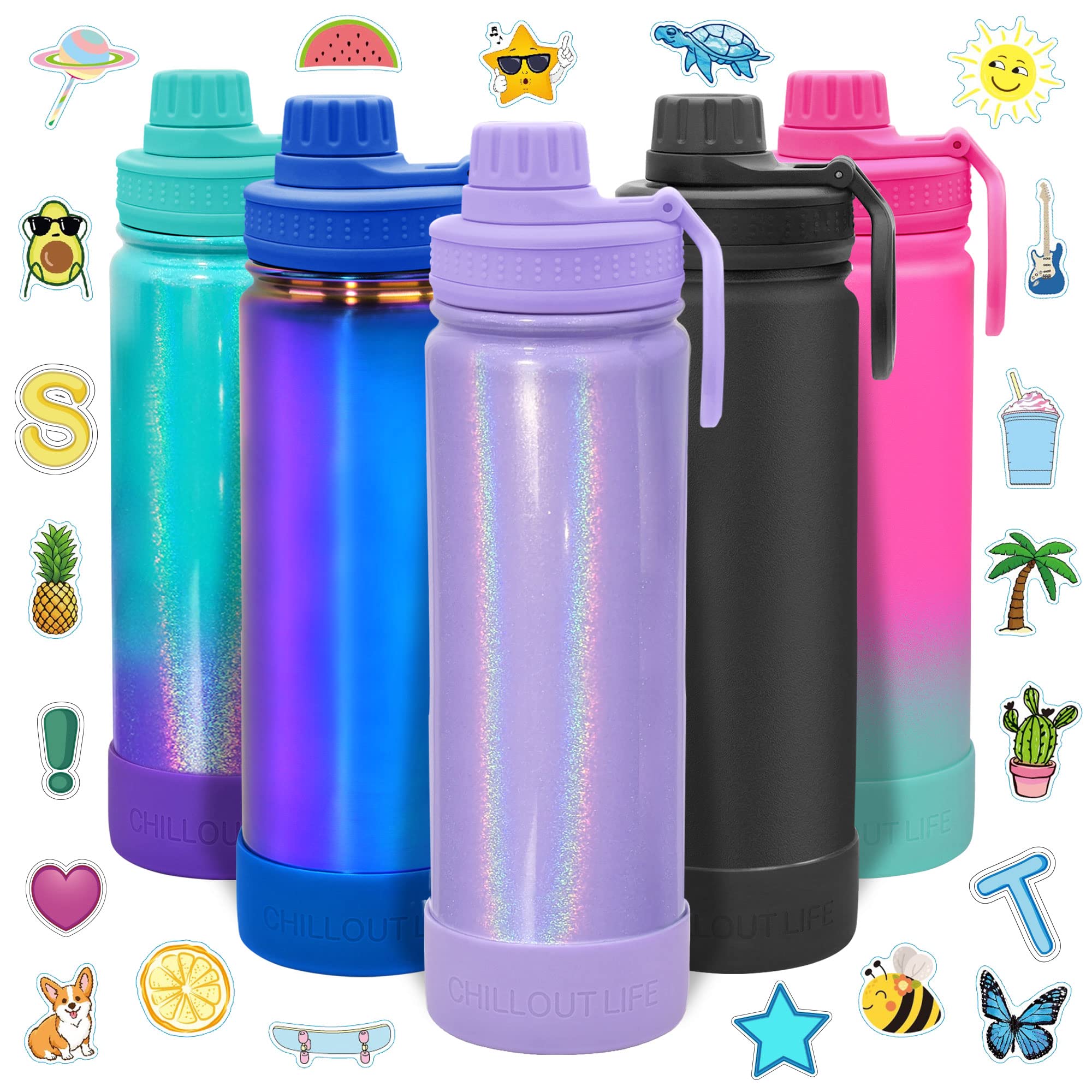 CHILLOUT LIFE 22 oz Kids Insulated Water Bottle for School with Leakproof Spout Lid and Cute Waterproof Stickers, Personalized Stainless Steel Thermos