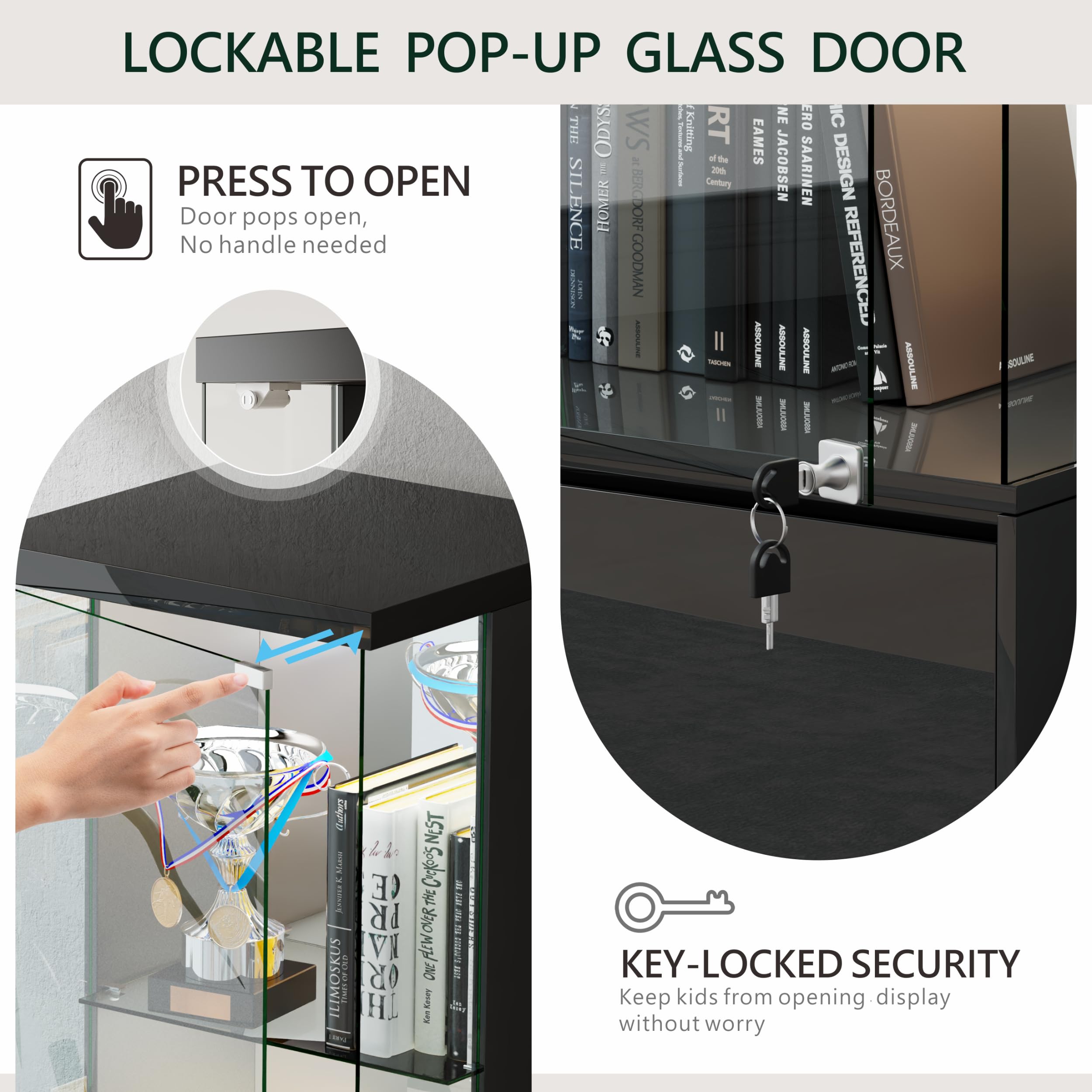 Lvifur Vitrina de cristal con iluminación LED y cajones, vertical con sensor inteligente, de madera de vidrio de 3 capas para coleccionables, vino, salón, dormitorio