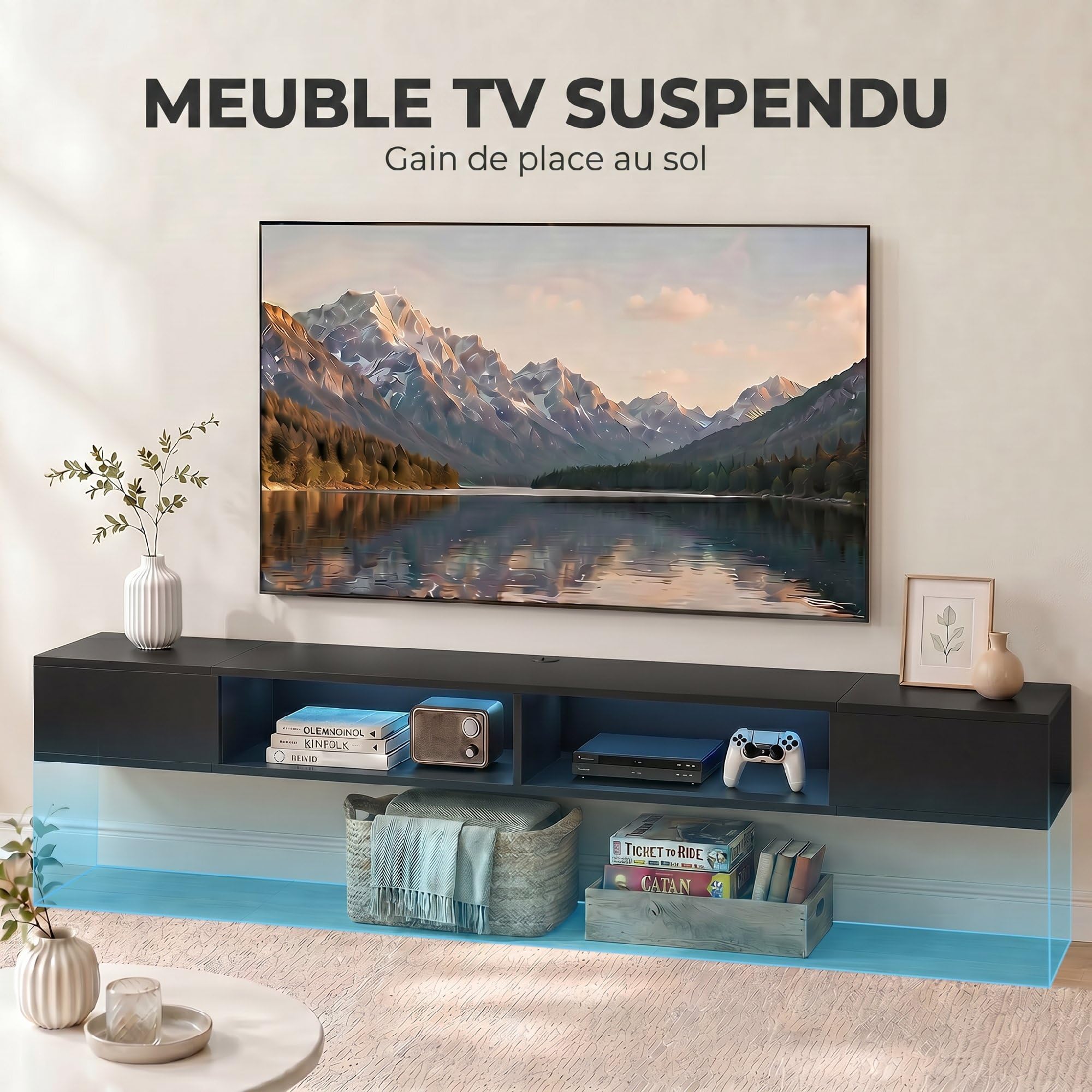 HOMCOM Mobile TV sospeso 180 cm con LED RGB per TV da 75 pollici, nero | Mobile TV, Ripiani aperti, Panca TV a parete per soggiorno
