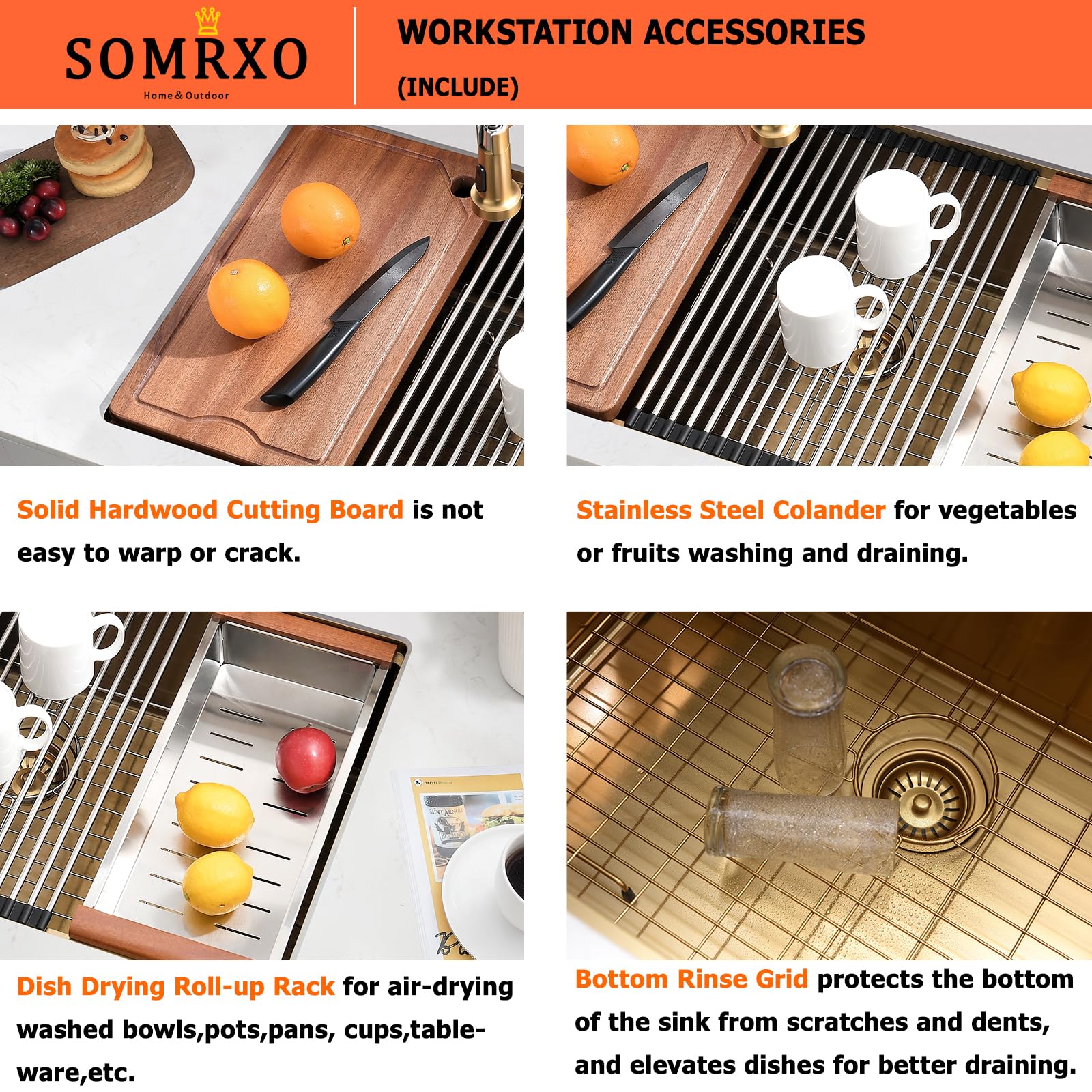 SOMRXO 28 Inch Undermount Kitchen Sink Gold - 16 Gauge Gold