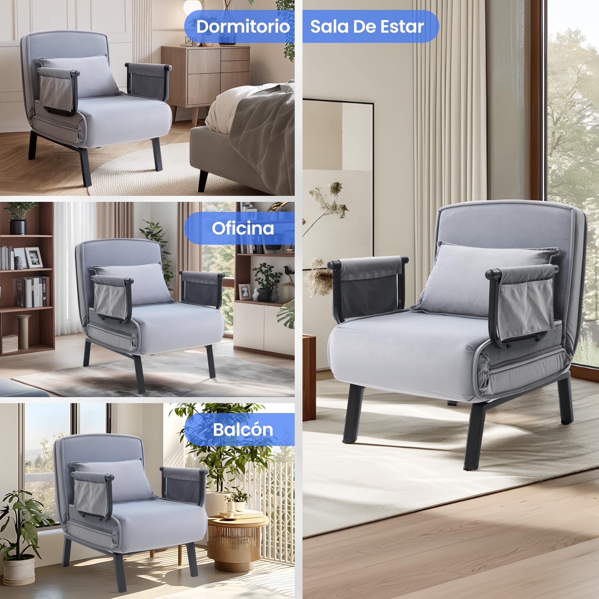 FLEXISPOT Sillón Cama 3 en 1 con función de Cama, Respaldo Ajustable, sofá Cama de Lino con Bolsillo Lateral, Patas Plegables, Ahorra Espacio para salón, Dormitorio u Oficina (Gris)