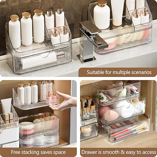 Miniatura 4 de Organizador de botiquín de 3 niveles, apilable para espejo de baño, pequeños organizadores de maquillaje con 2 cajones y 1 bandeja para gabinete de