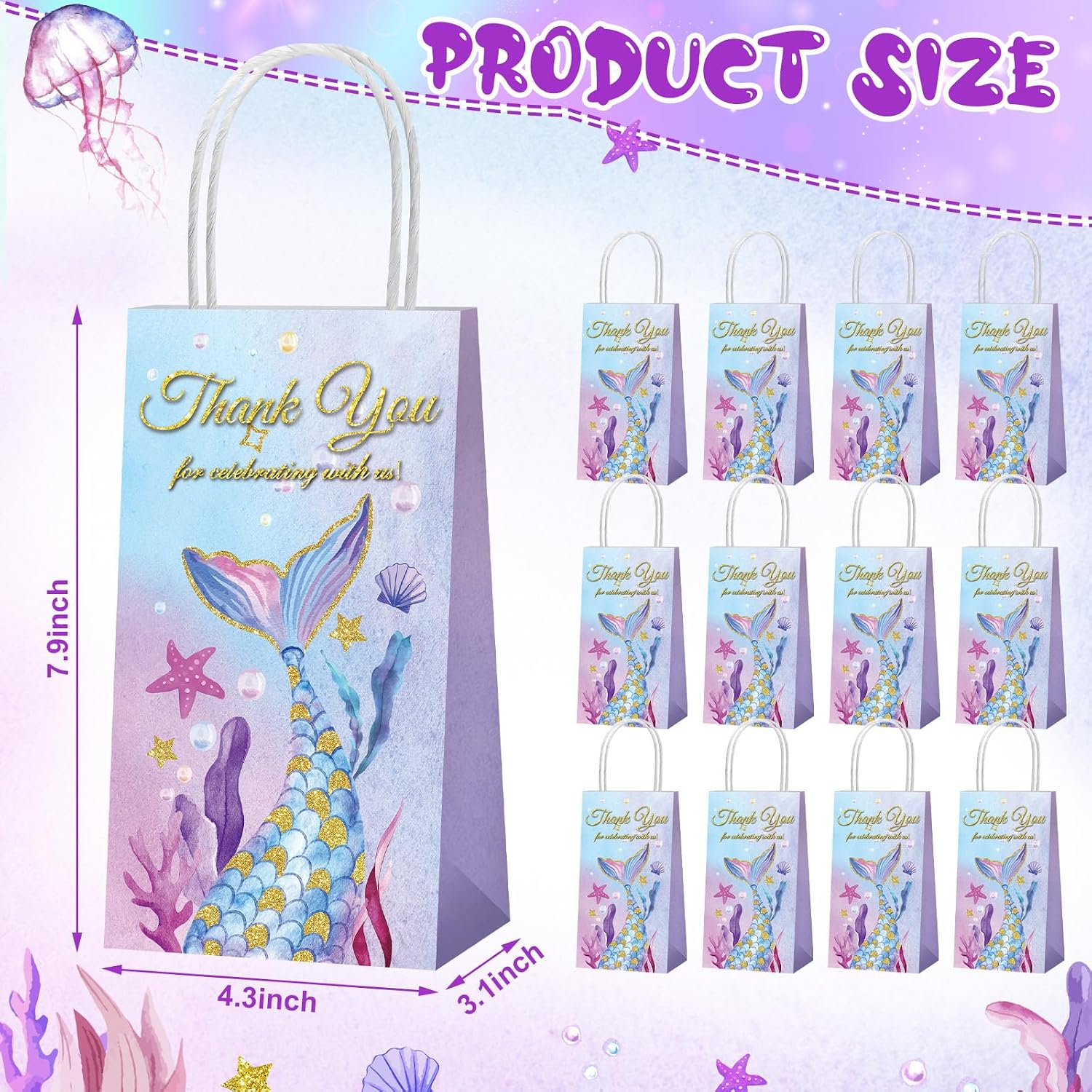 Fumete 20 Pcs Mermaid Gift Bags Mermaid Party Favor Bags Thank You Goodie Candy Treat Containers with Handles for Birthday Baby Shower Party Decoration Supplies(Mermaid Tail) image 2