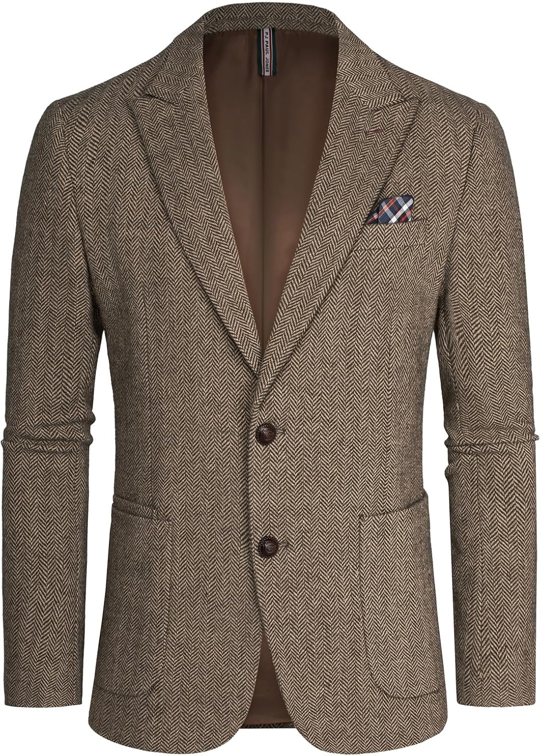 PJ PAUL JONES Mens Blazer Vintage Herringbone Tweed Blazer Two Button Wool Blend Sport Coat with Pocket Square