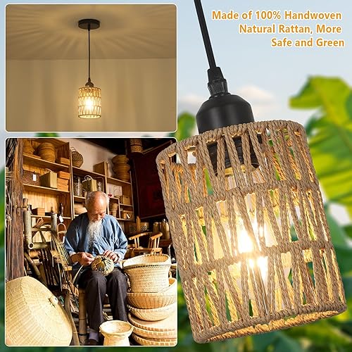 Miniatura 4 de LAMSU Paquete de 3 luces colgantes de ratán para isla de cocina, iluminación colgante de granja con pantalla de mimbre tejida a mano, lámparas de