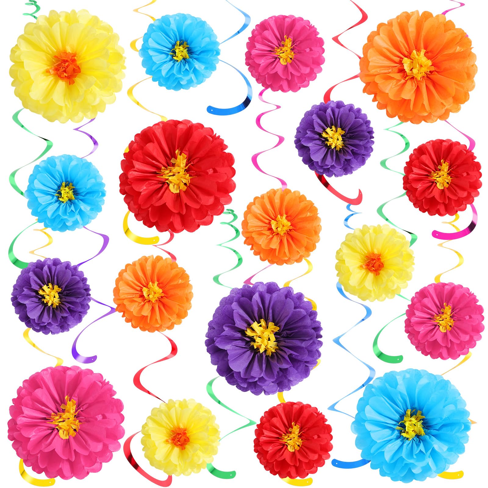Knitgrip 18 Pcs Mexican Paper Flowers Colorful Fiesta Tissue Paper Flowers Pom Poms with 24 Pcs Floral Hanging Swirl Decor for Cinco De Mayo Fiesta Wedding Birthday Baby Shower Party (Classic Style)