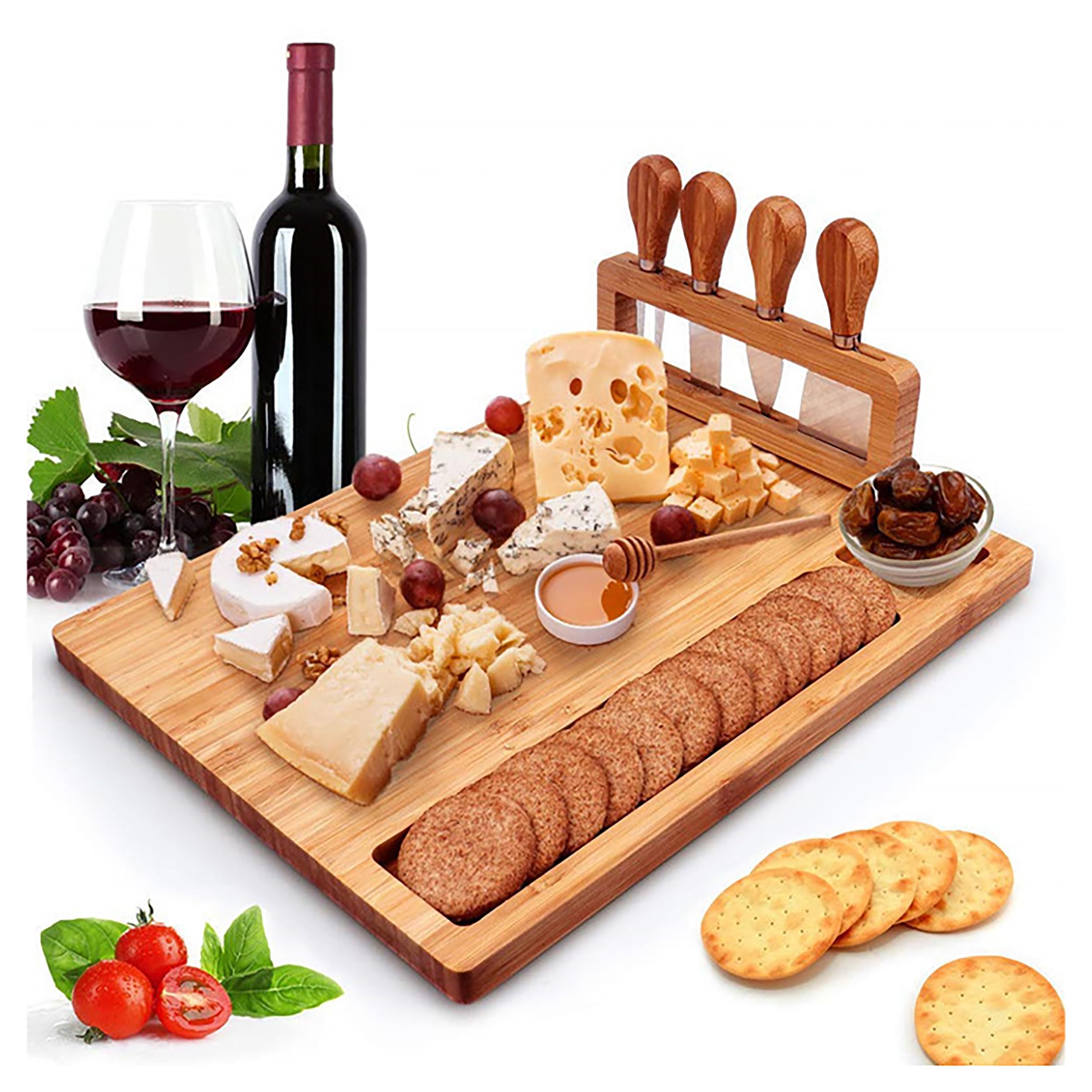 MJRlrifa cheese board Bamboo Cheese Board charcuterie board Cheese Board Set cheese cutlery set Meat Platter and Serving Board knife set with 4 Stainless Steel Cheese Knives