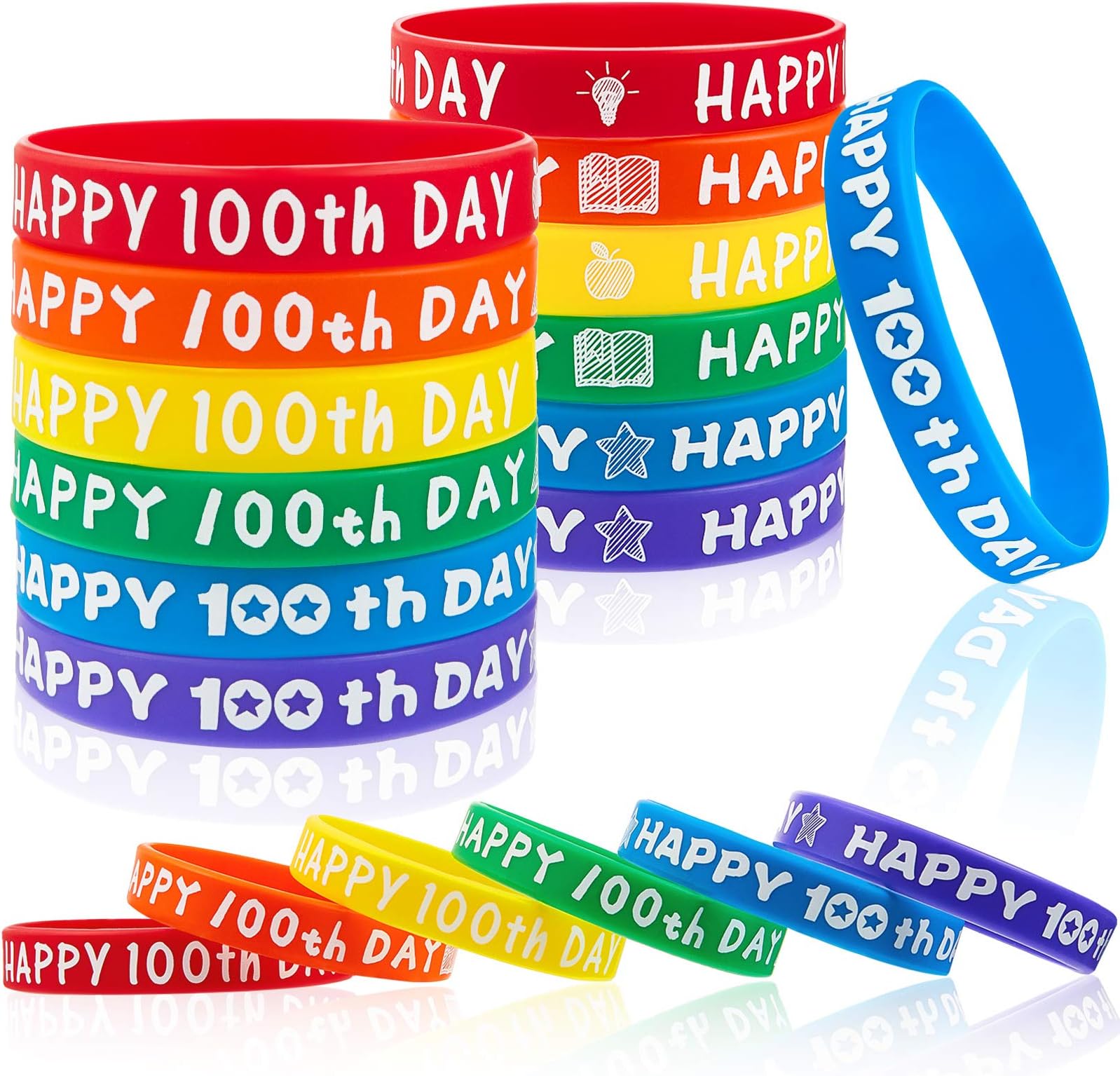 Colorful Silicone Wristbands, Happy 100th Day Bracelets for Boy Girl, 36 Pieces Stretch Wristband for School Supply Decor, Student Rewards