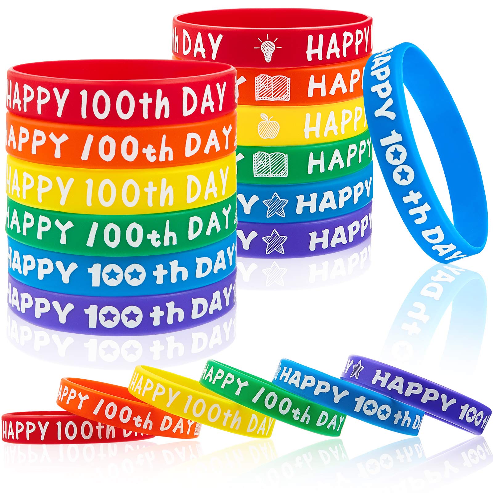 Yaomiao Colorful Silicone Wristbands, Happy 100th Day Bracelets for Boy Girl, 36 Pieces Stretch Wristband for School Supply Decor, Student Rewards