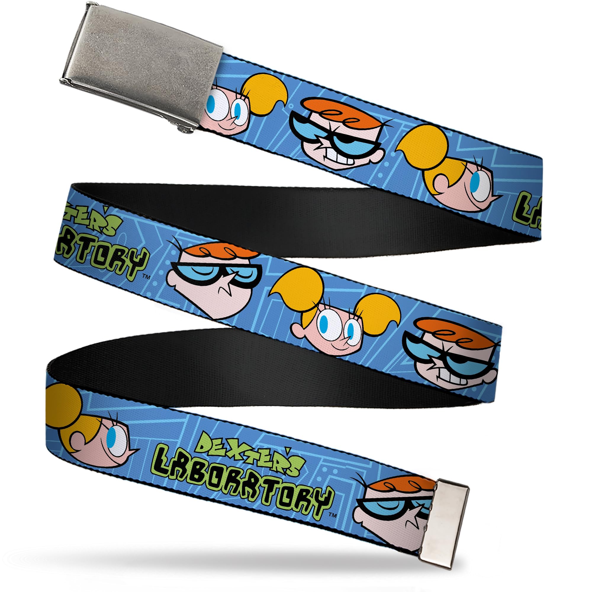 Buckle-Down Warner Bros. Animation Belt, Flip Web Belt Dexters Laboratory Title Logo with Dexter and Dee Dee Blues, 1.5 Inch Wide, Fits up to Size 42
