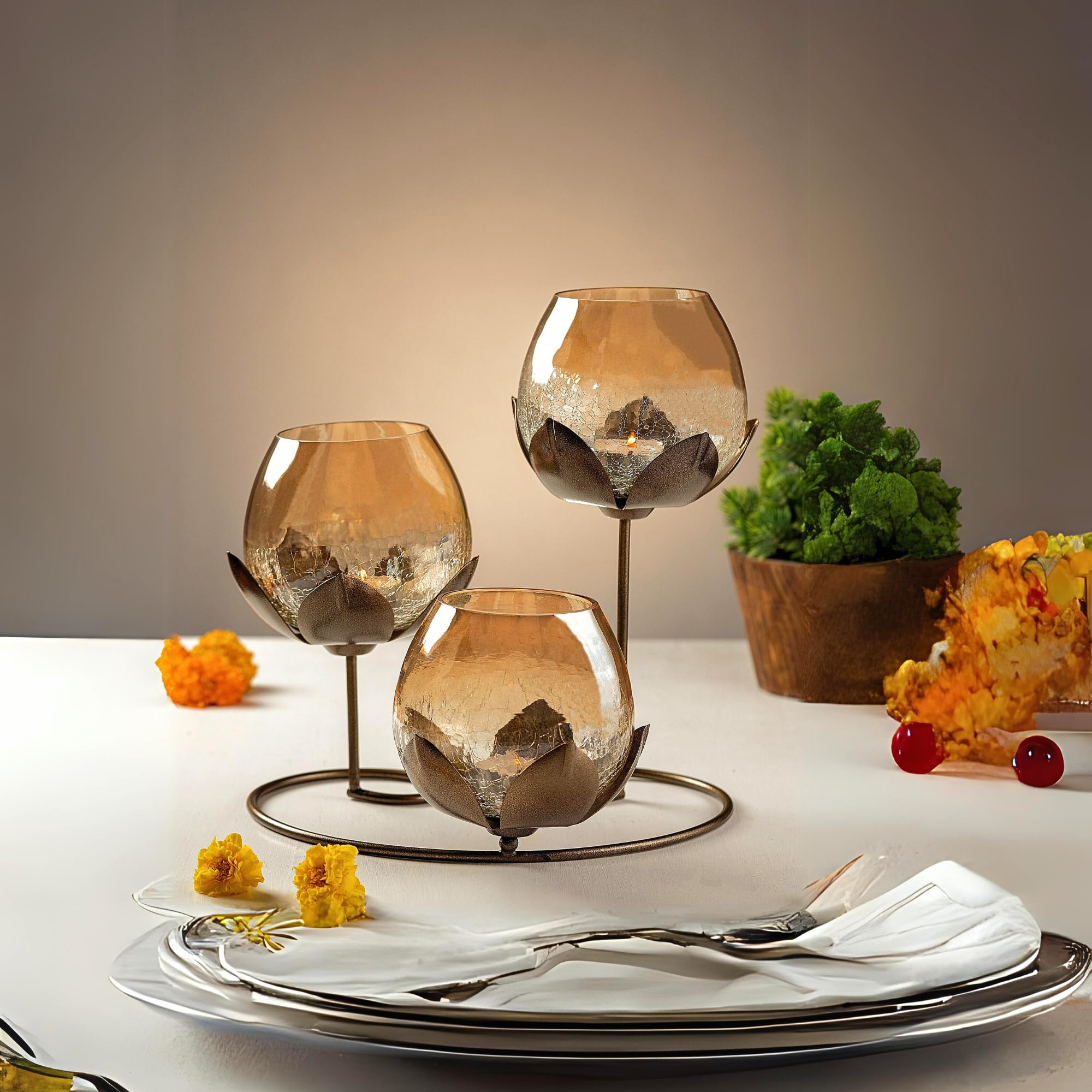 KREATIVE ART’S Lotus Candle Holder with 3 Glass | Dining Table Decorative Items | House Warming Gifts for New Home | Decorations Items for Home (Antique)-image-10