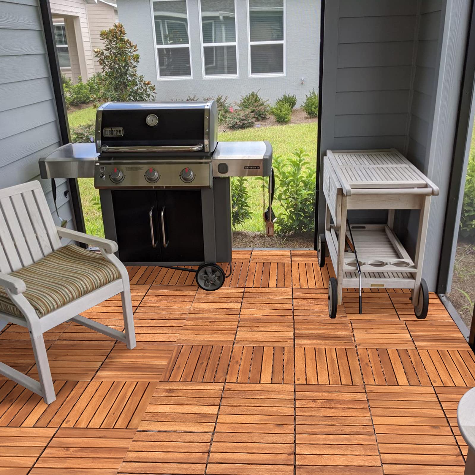 Eulenke Lot de 55 dalles en bois de 5 m² - 30 x 30 cm - Pour sol de balcon - Résistant aux intempéries - 6 lattes en bois d'acacia - Pour terrasses, balcons, jardins