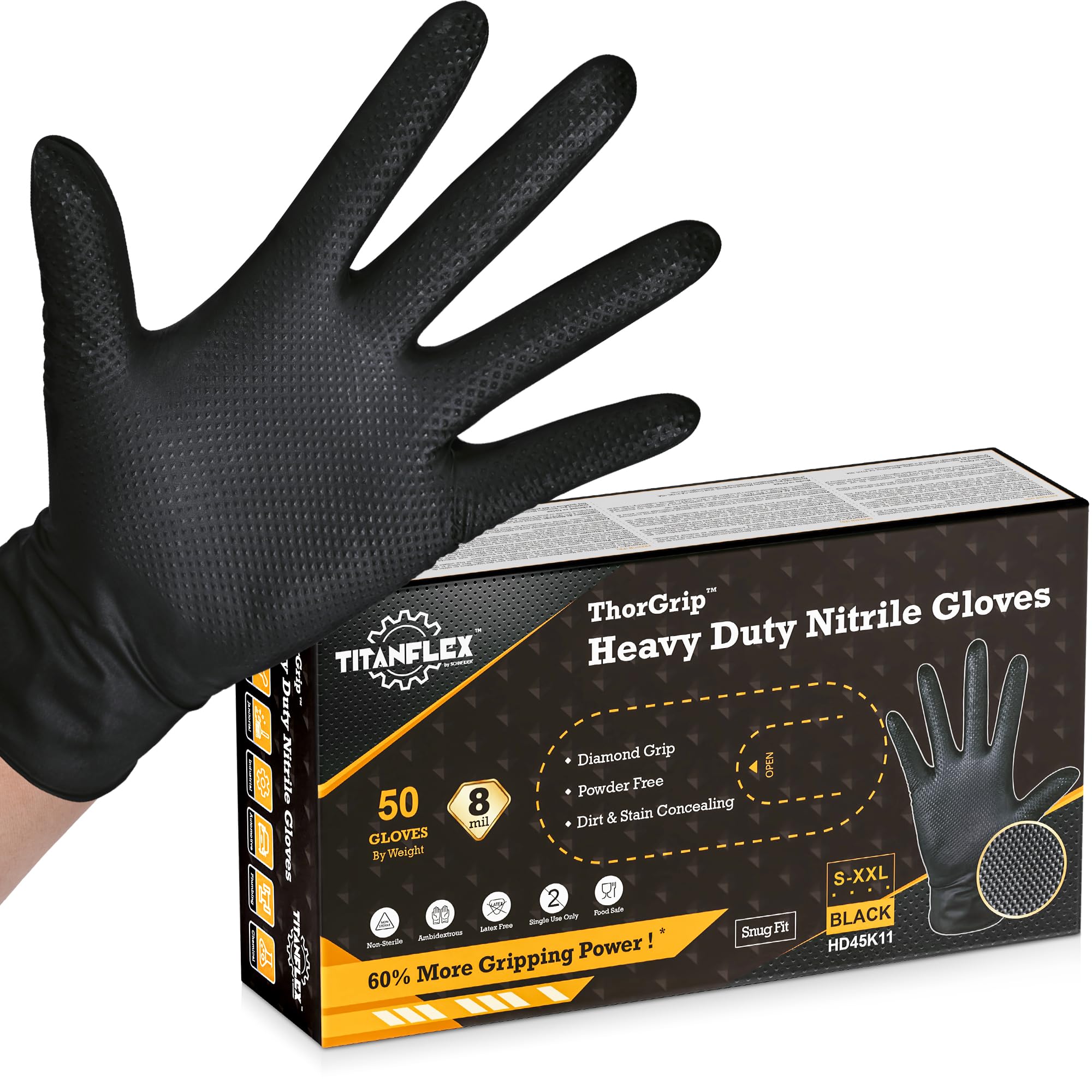 TITANflex Thor Grip Heavy Duty Black Industrial Nitrile Gloves with Raised Diamond Texture, 8-mil, Latex Free, 50-ct Box